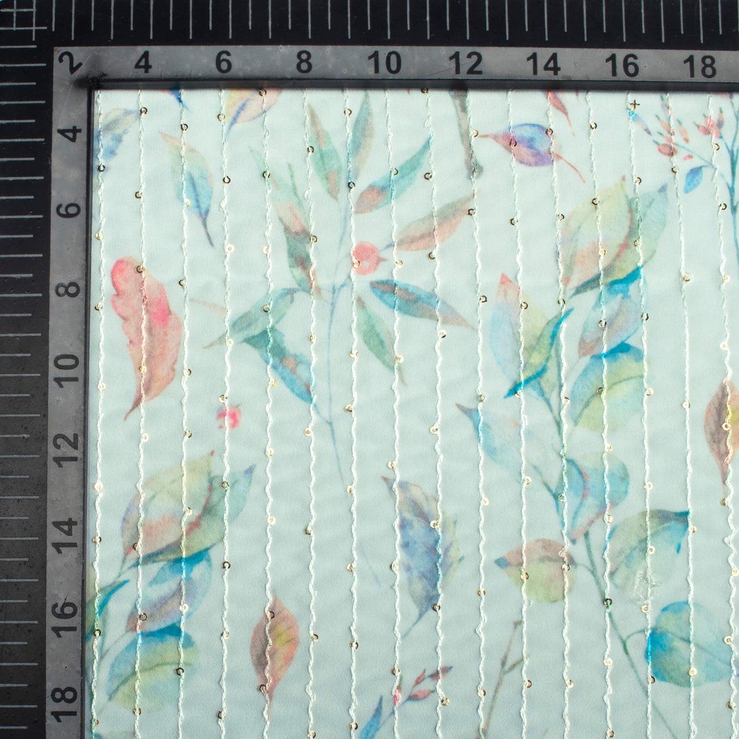 Pastel Blue And Green Leaf Pattern Digital Print Premium Sequins Georgette Fabric