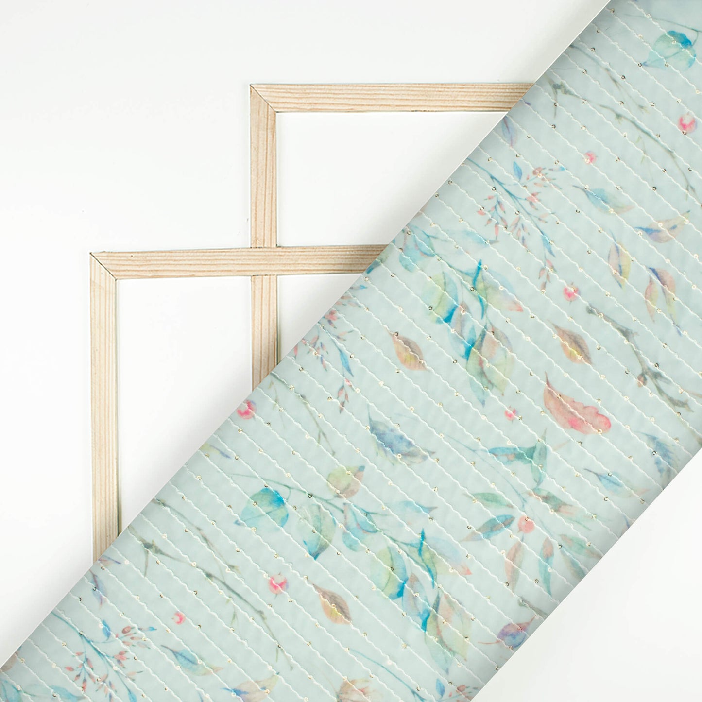 Pastel Blue And Green Leaf Pattern Digital Print Premium Sequins Georgette Fabric