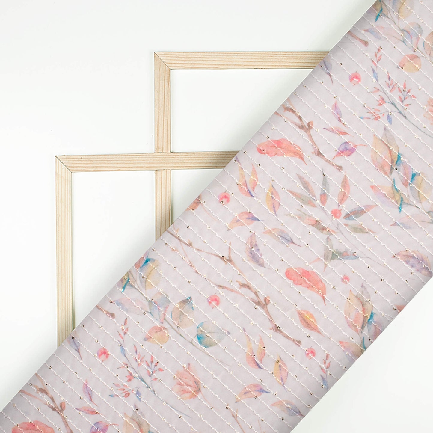 Baby Pink And Blush Red Leaf Pattern Digital Print Premium Sequins Georgette Fabric