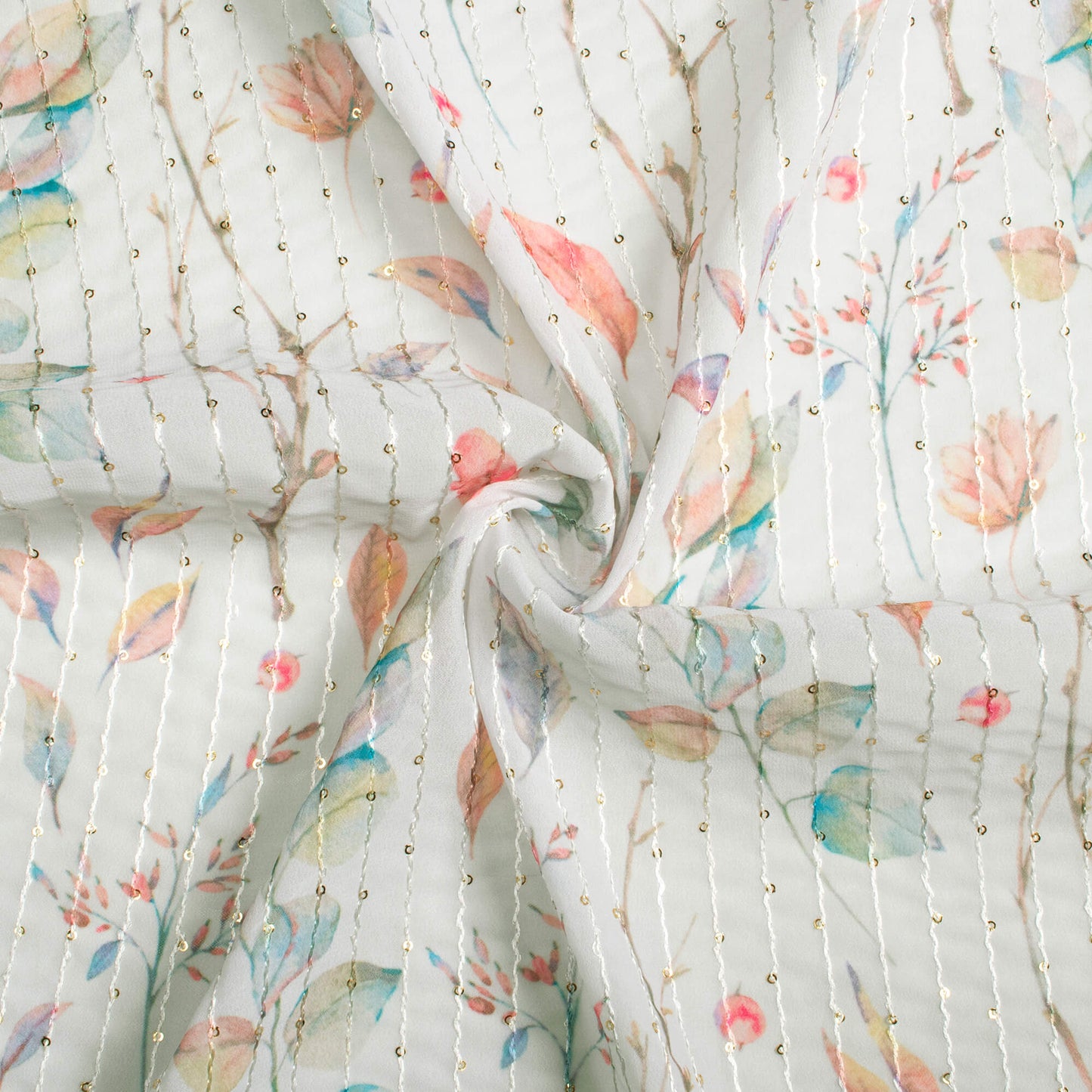 Dolphin Grey And Blush Red Leaf Pattern Digital Print Premium Sequins Georgette Fabric