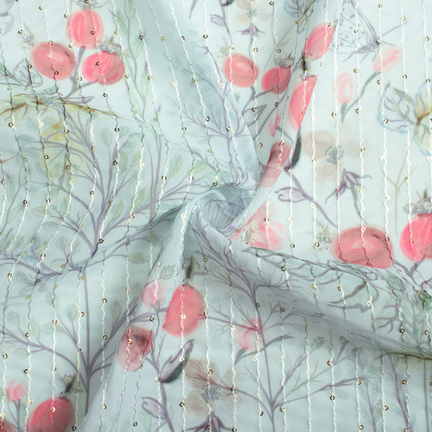 Pale Blue And Pink Floral Pattern Digital Print Premium Sequins Georgette Fabric