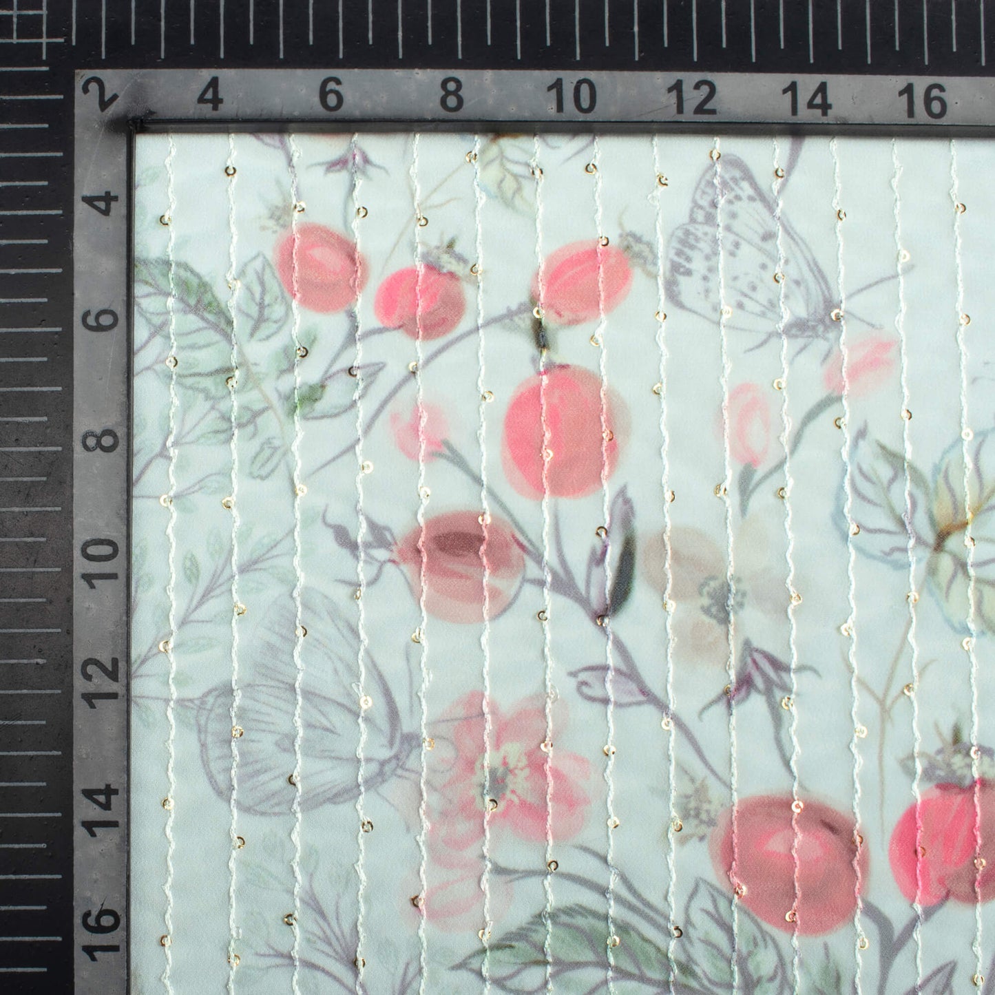 Pale Blue And Pink Floral Pattern Digital Print Premium Sequins Georgette Fabric
