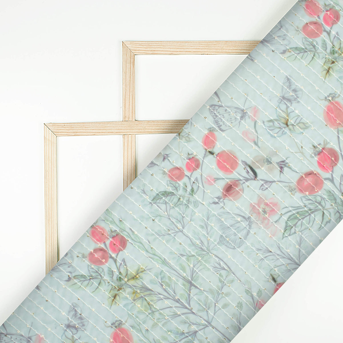 Pale Blue And Pink Floral Pattern Digital Print Premium Sequins Georgette Fabric