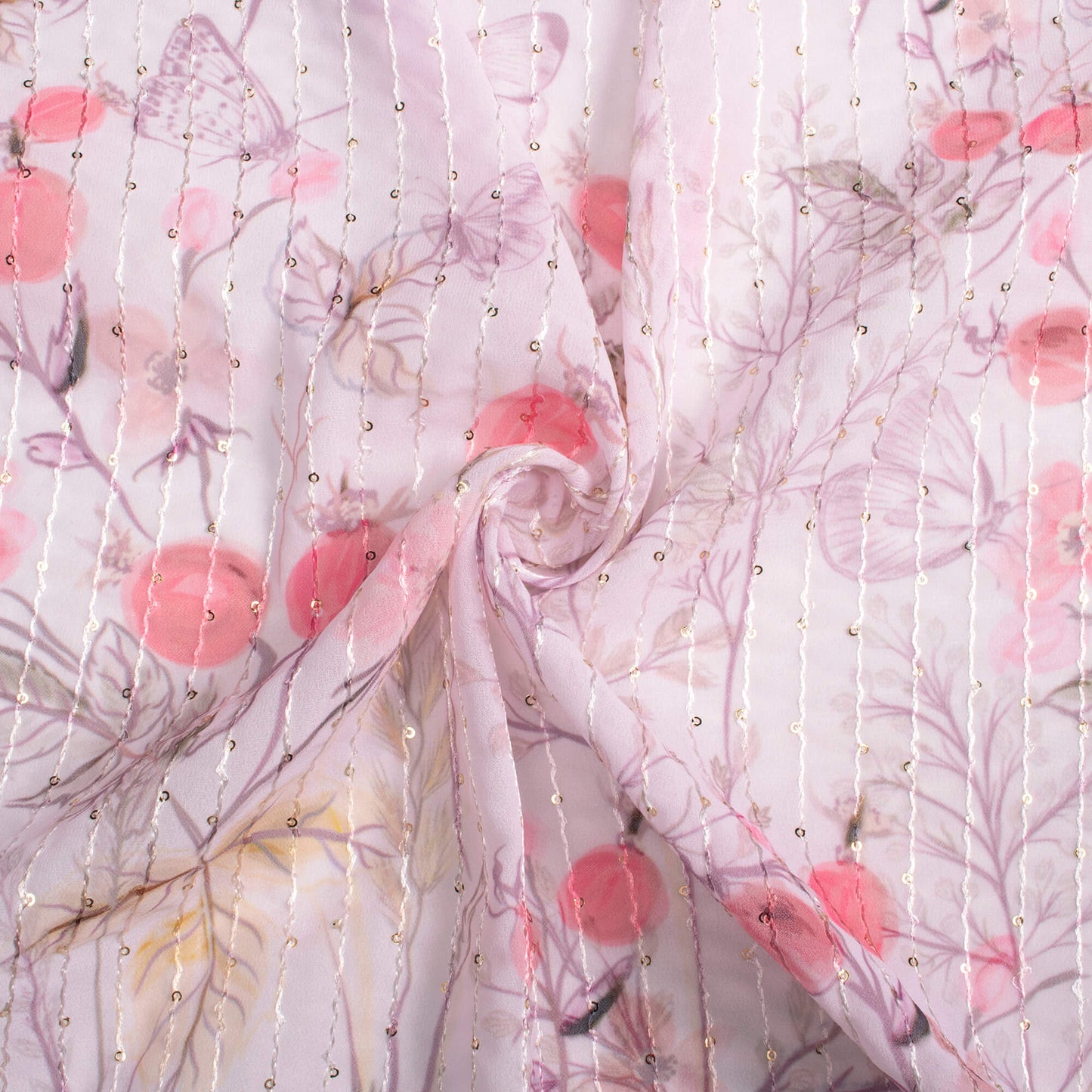 Carnation Pink Floral Pattern Digital Print Premium Sequins Georgette Fabric