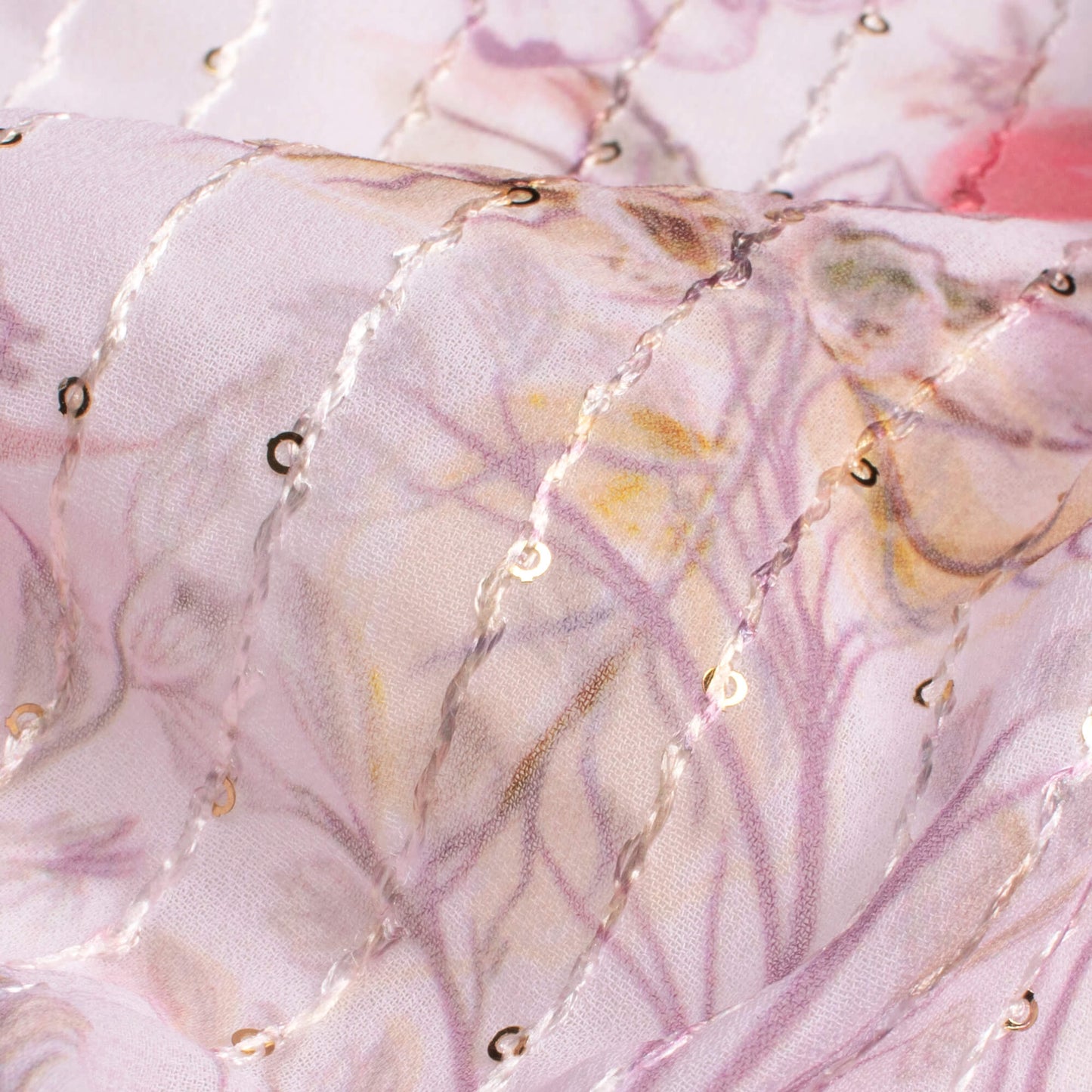 Carnation Pink Floral Pattern Digital Print Premium Sequins Georgette Fabric