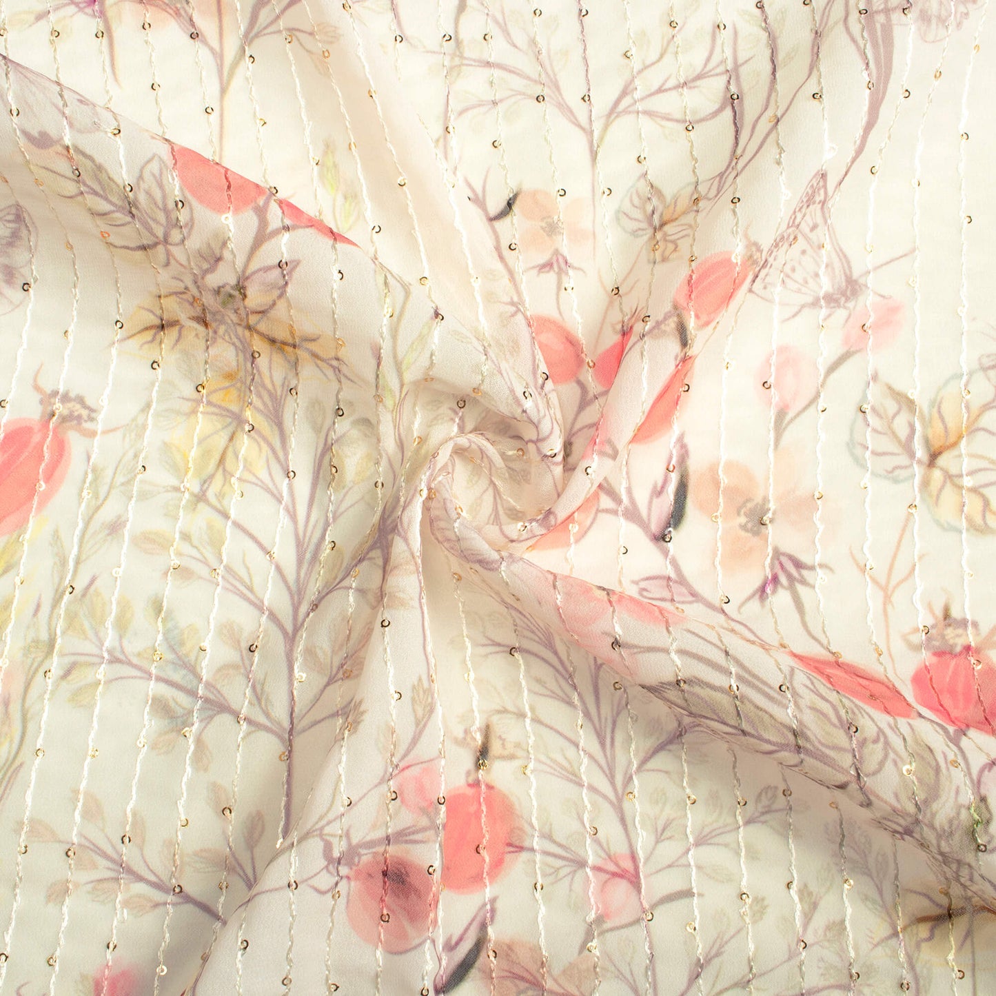Oat Beige And Pink Floral Pattern Digital Print Premium Sequins Georgette Fabric
