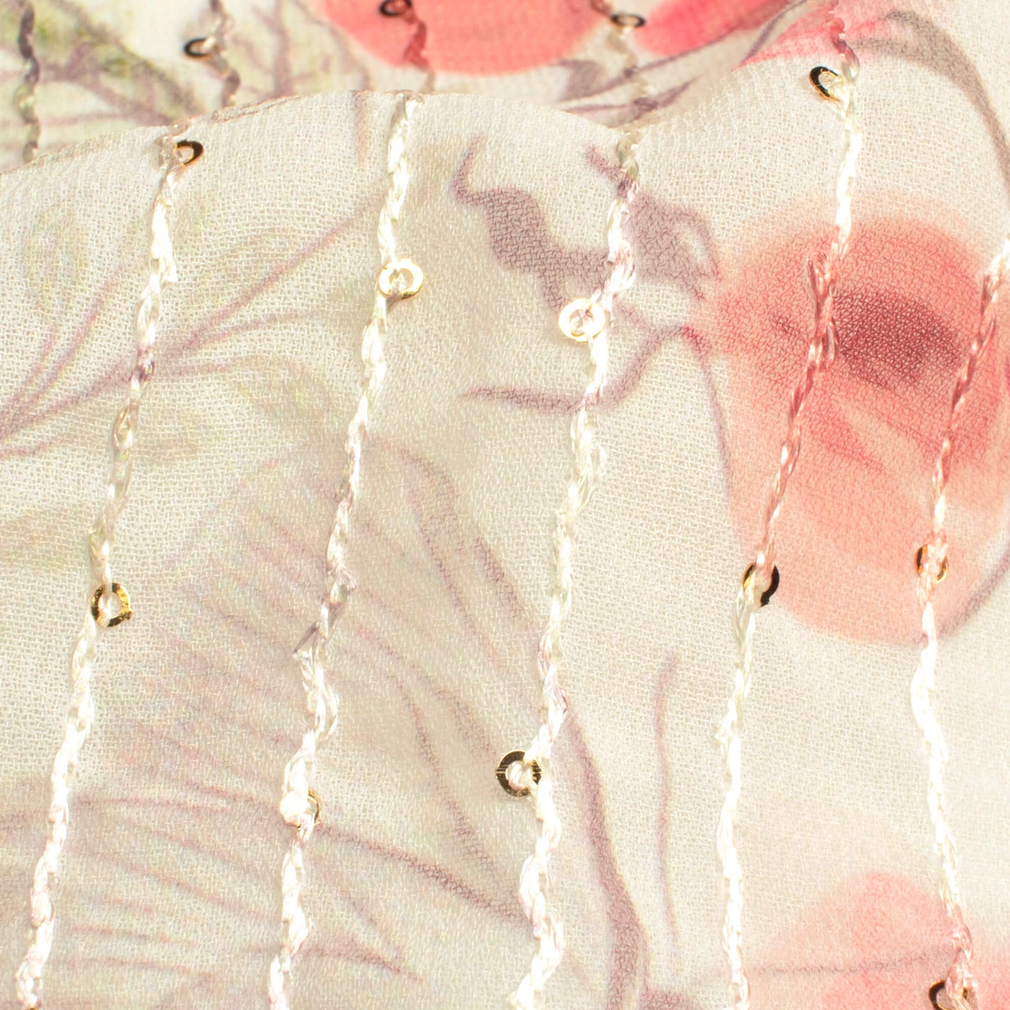 Oat Beige And Pink Floral Pattern Digital Print Premium Sequins Georgette Fabric