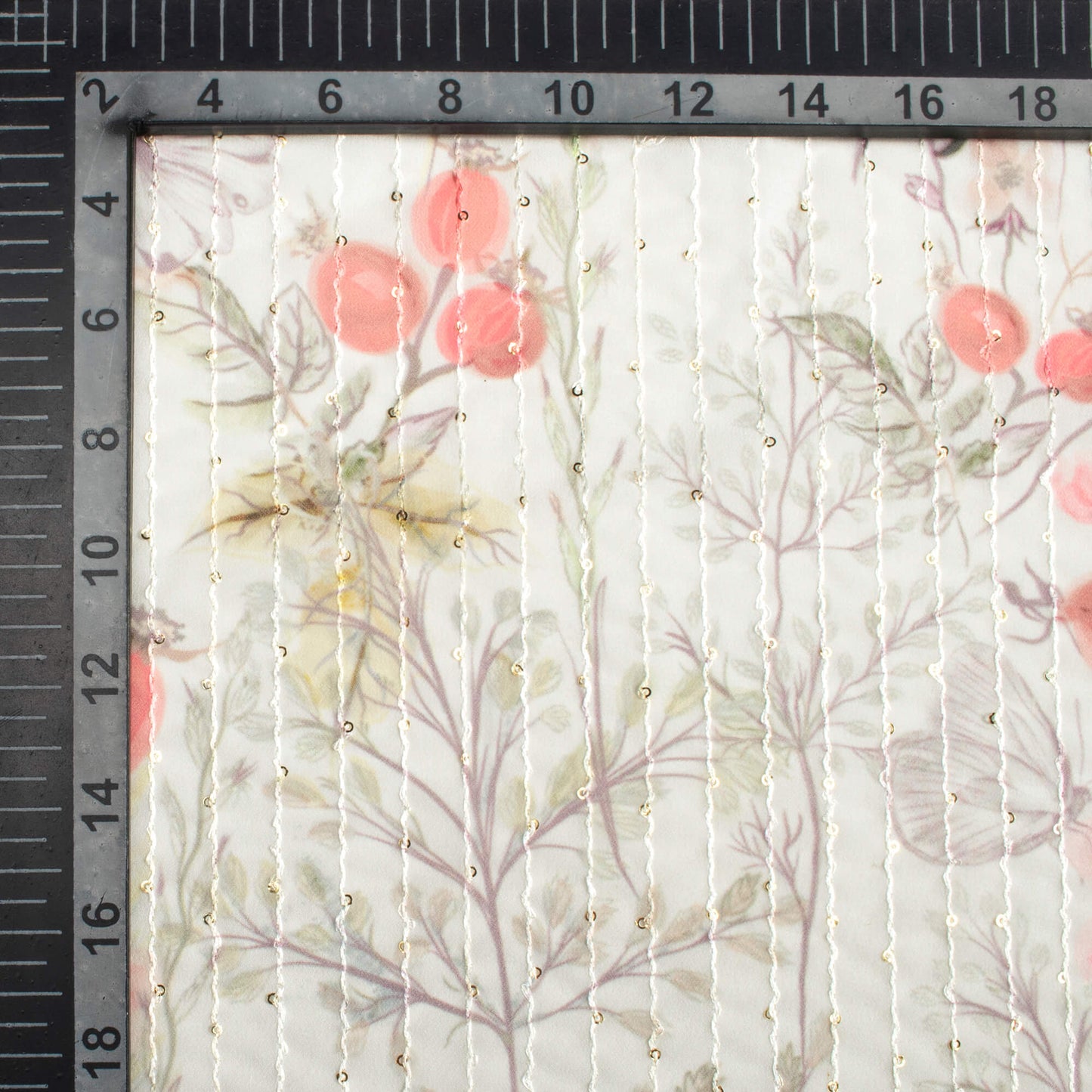 Off White And Pink Floral Pattern Digital Print Premium Sequins Georgette Fabric