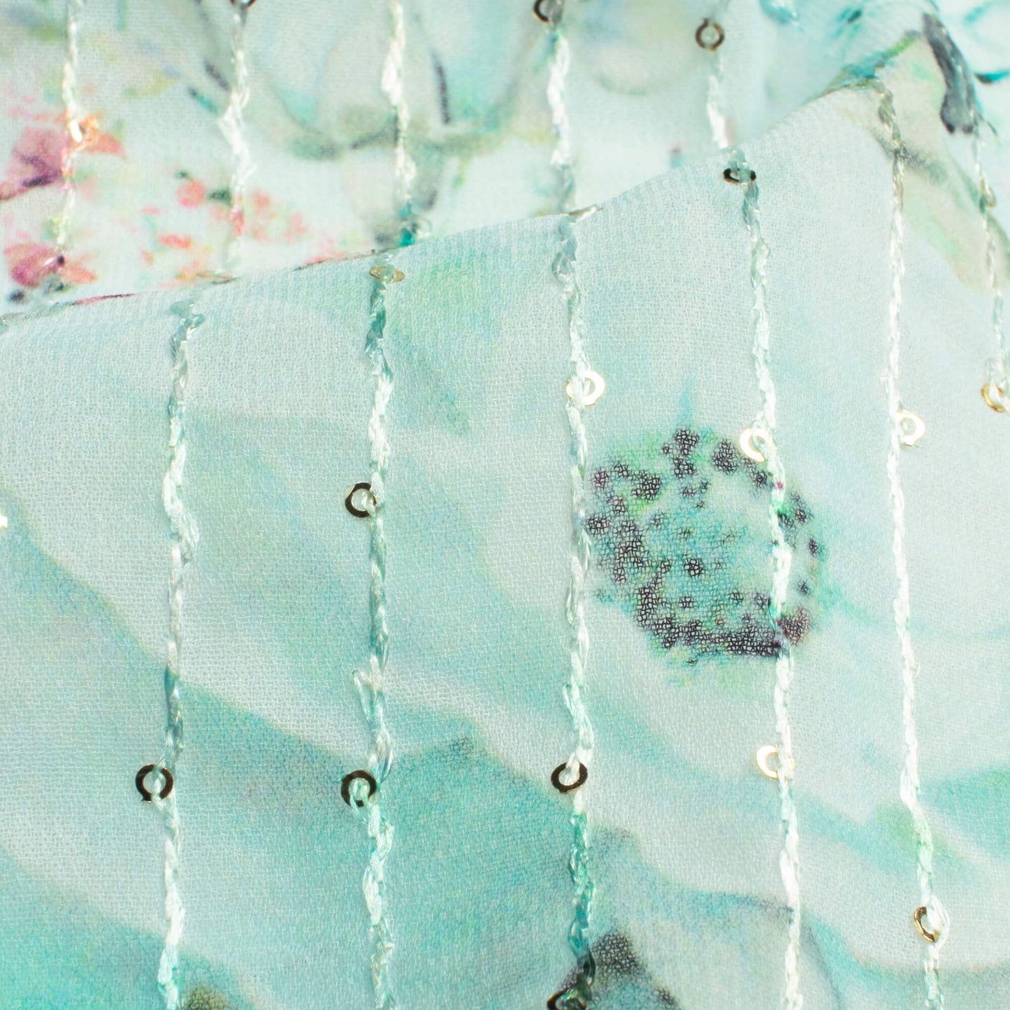 Pale Turquoise And Green Floral Pattern Digital Print Premium Sequins Georgette Fabric
