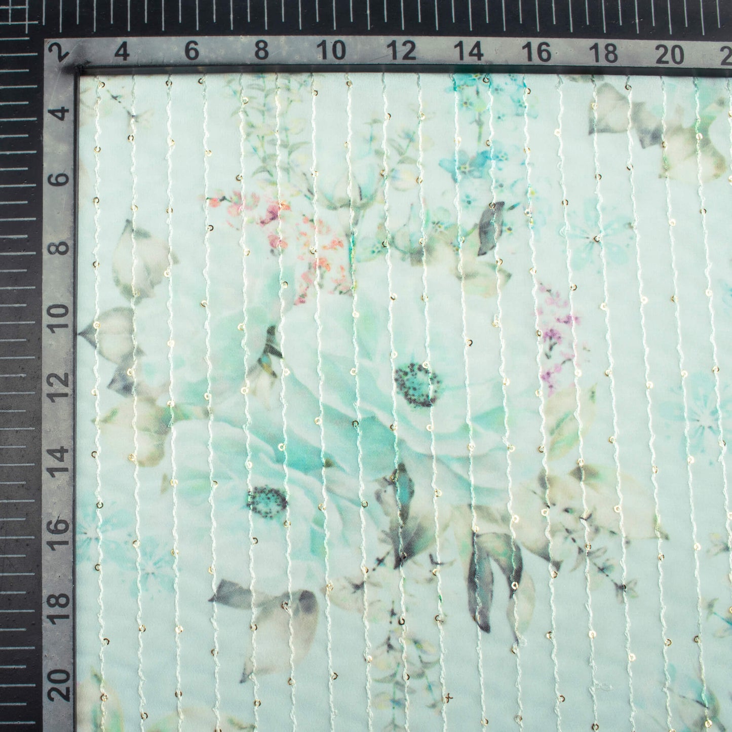 Pale Turquoise And Green Floral Pattern Digital Print Premium Sequins Georgette Fabric