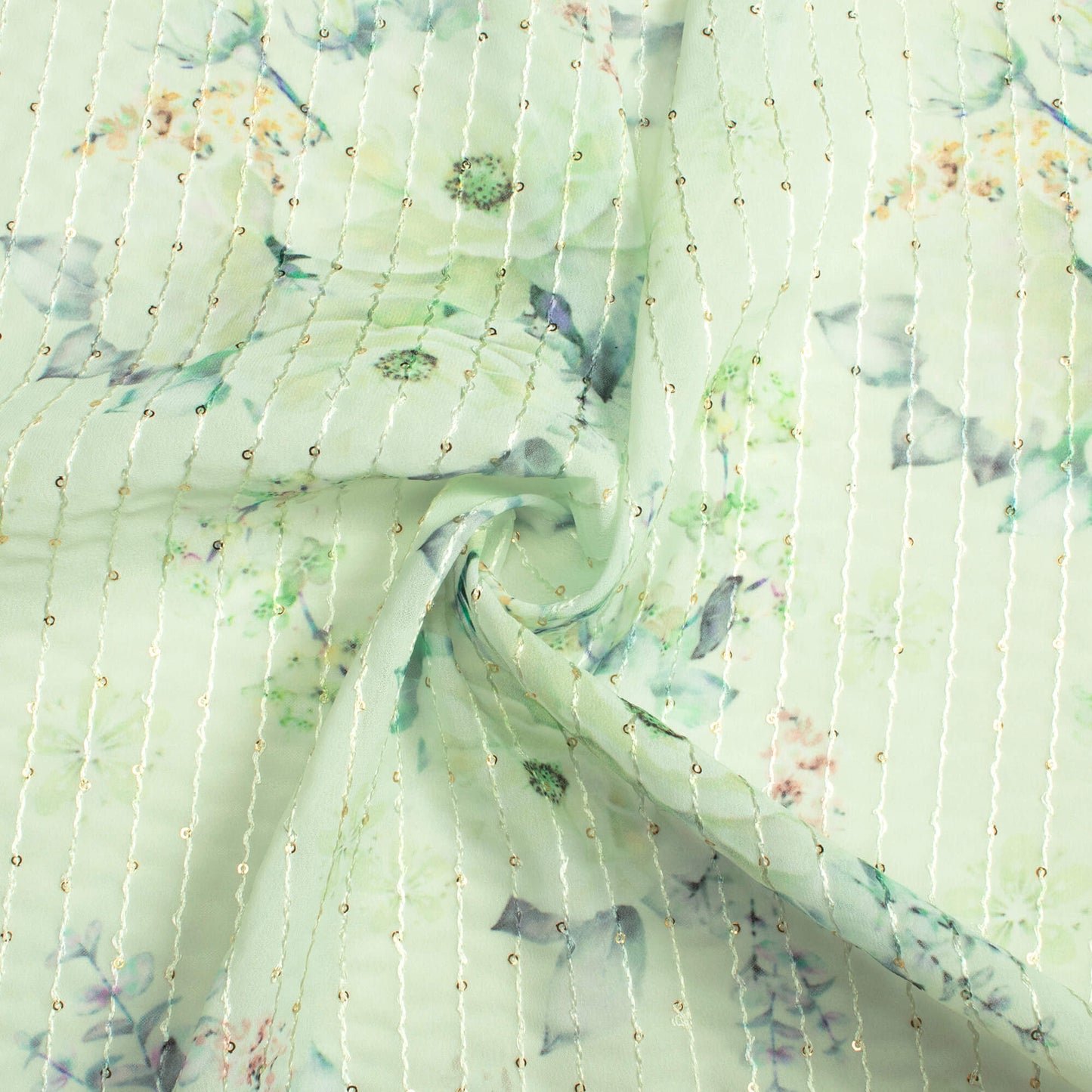 Tea Green And Grey Floral Pattern Digital Print Premium Sequins Georgette Fabric