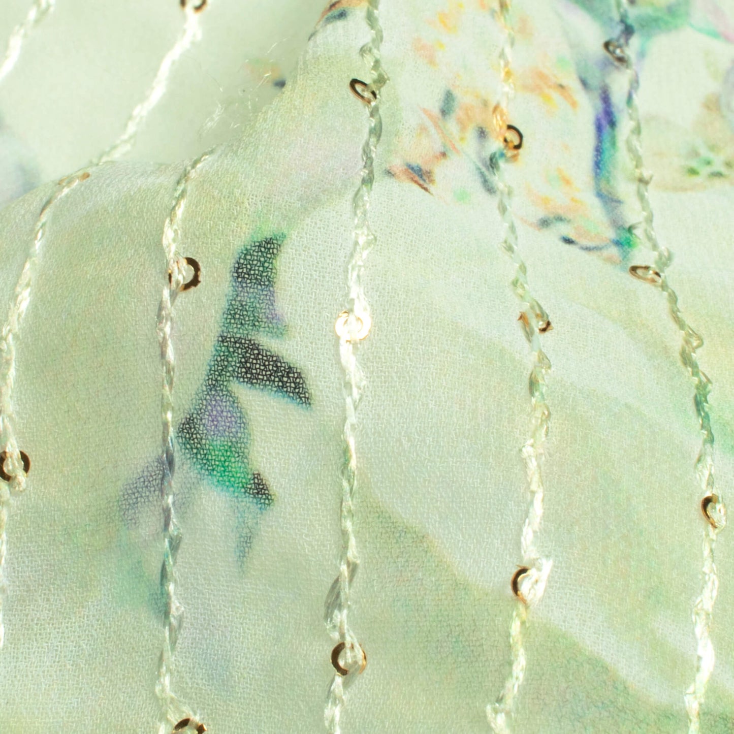 Tea Green And Grey Floral Pattern Digital Print Premium Sequins Georgette Fabric