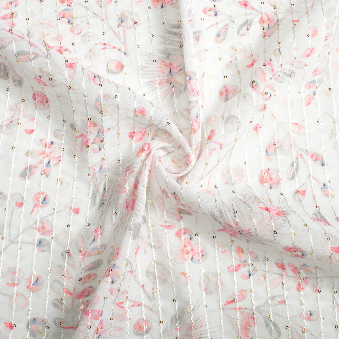 Premium White And Pink Leaf Pattern Digital Print Premium Sequins Georgette Fabric