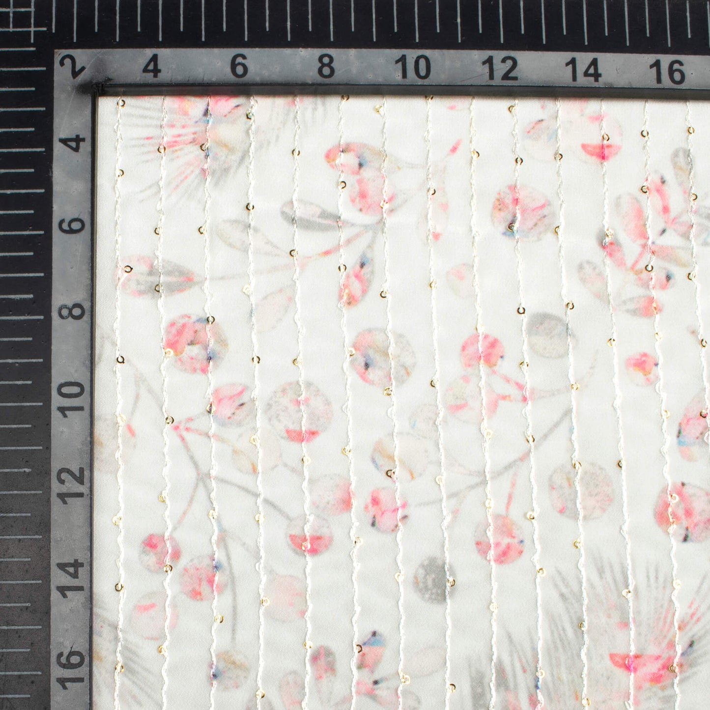 Premium White And Pink Leaf Pattern Digital Print Premium Sequins Georgette Fabric
