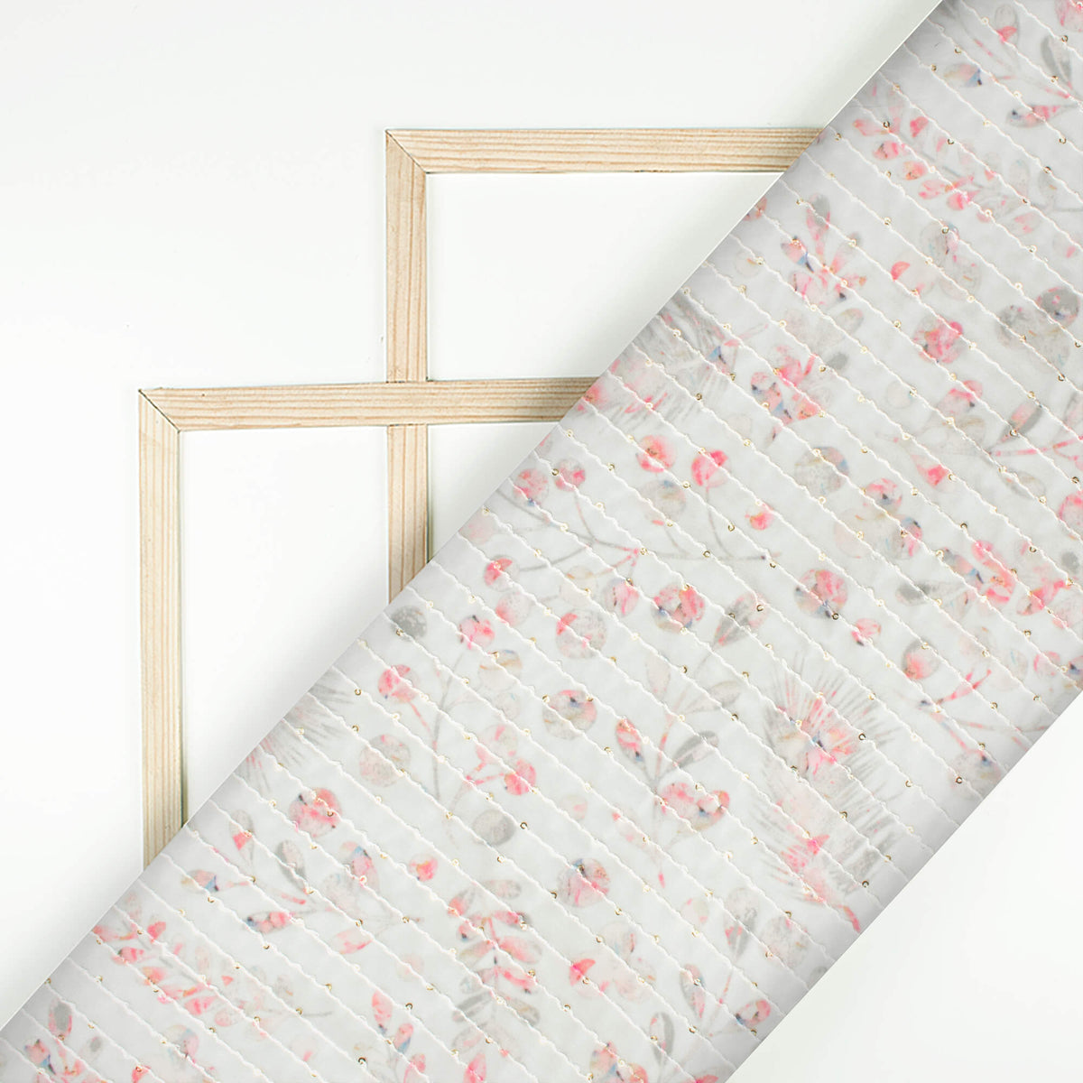 Premium White And Pink Leaf Pattern Digital Print Premium Sequins Georgette Fabric