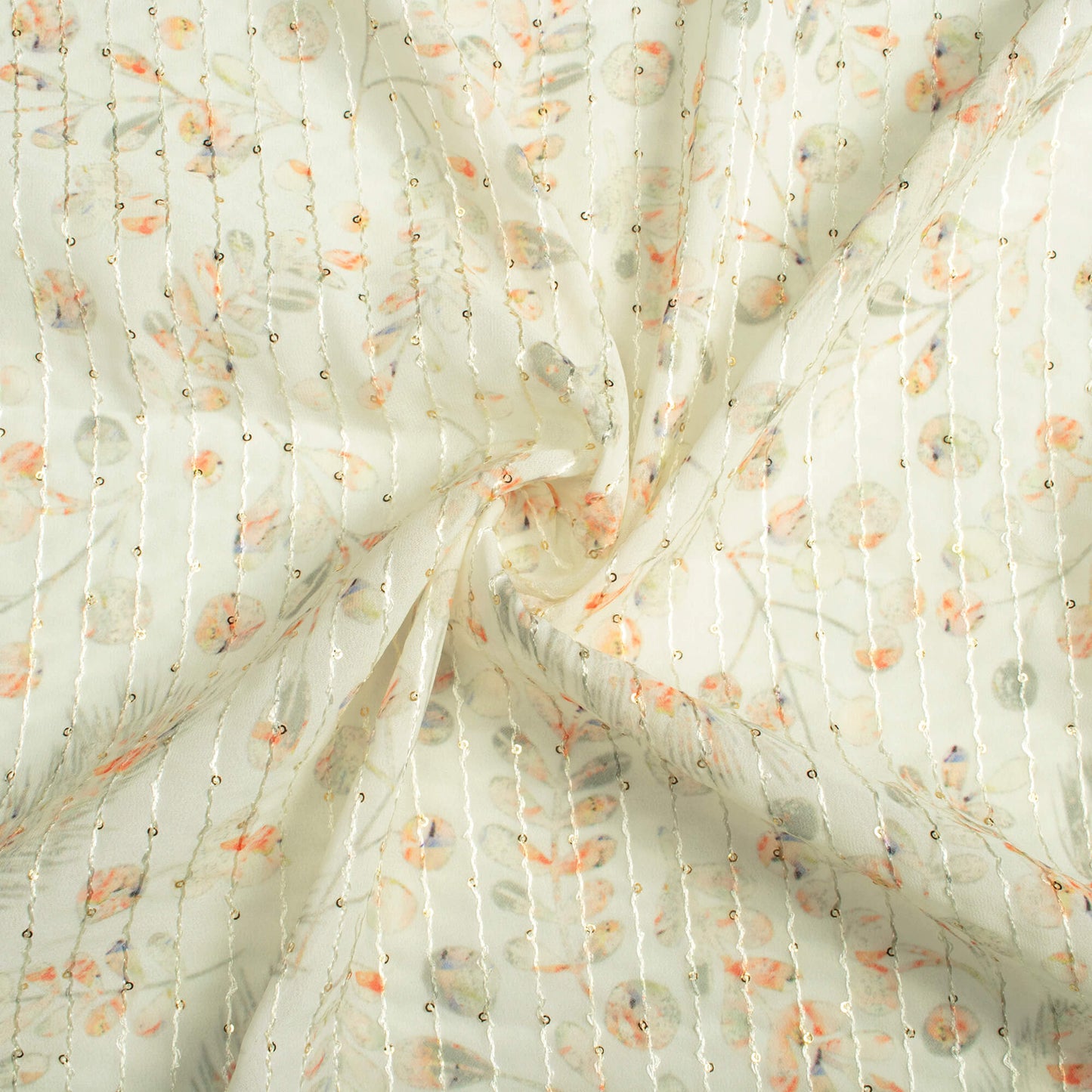 Tea Green And Orange Leaf Pattern Digital Print Premium Sequins Georgette Fabric