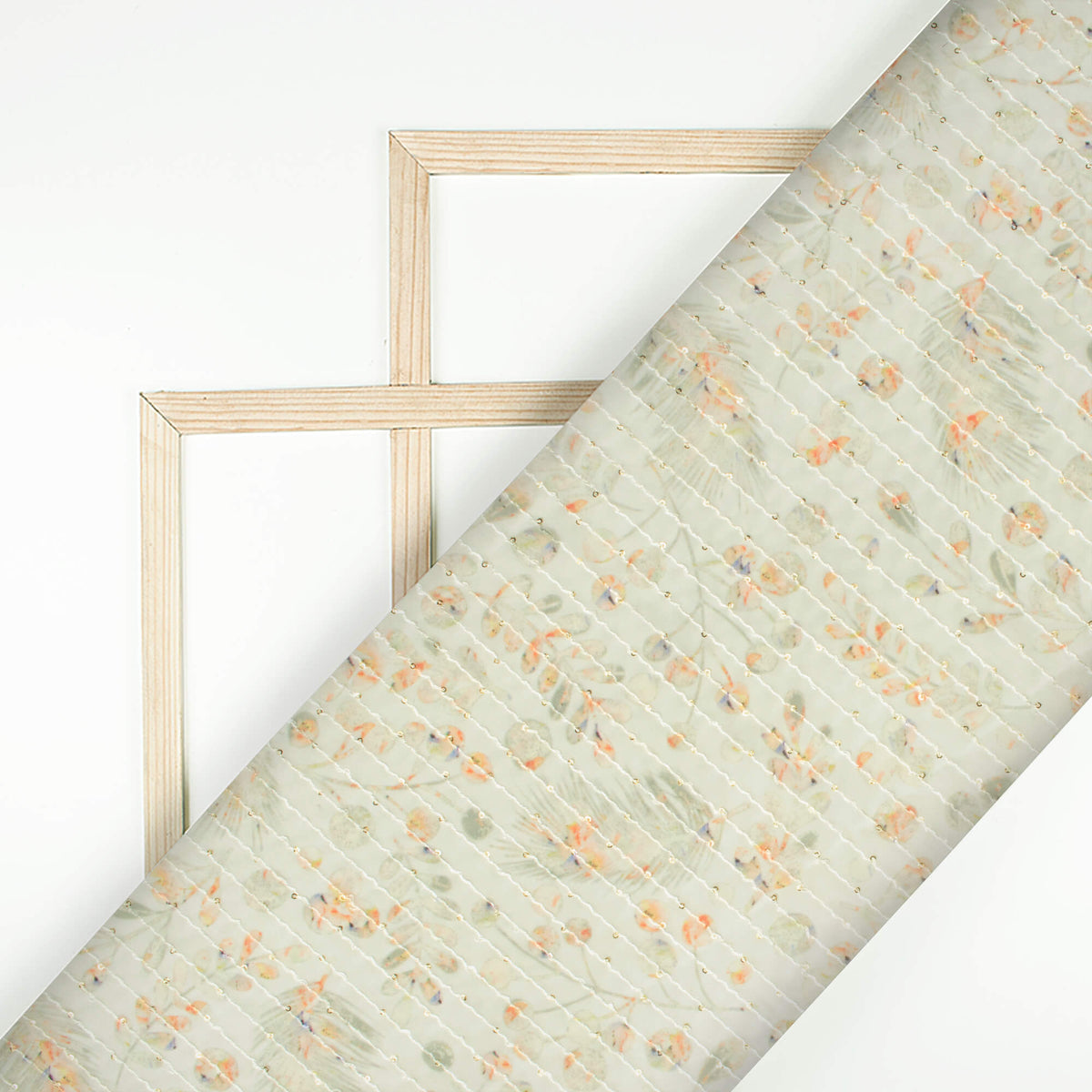 Tea Green And Orange Leaf Pattern Digital Print Premium Sequins Georgette Fabric