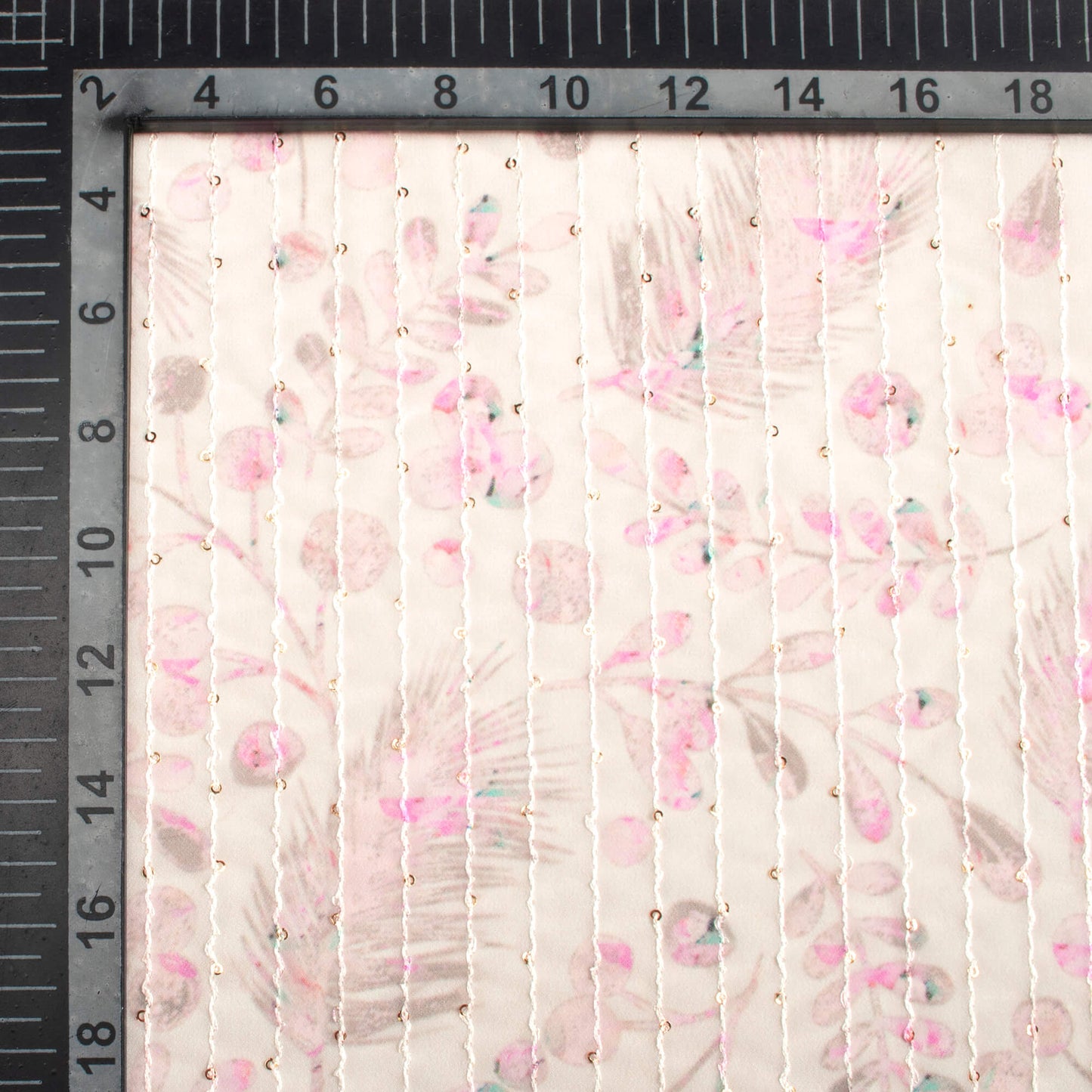 Oat Beige And Carnation Pink Leaf Pattern Digital Print Premium Sequins Georgette Fabric