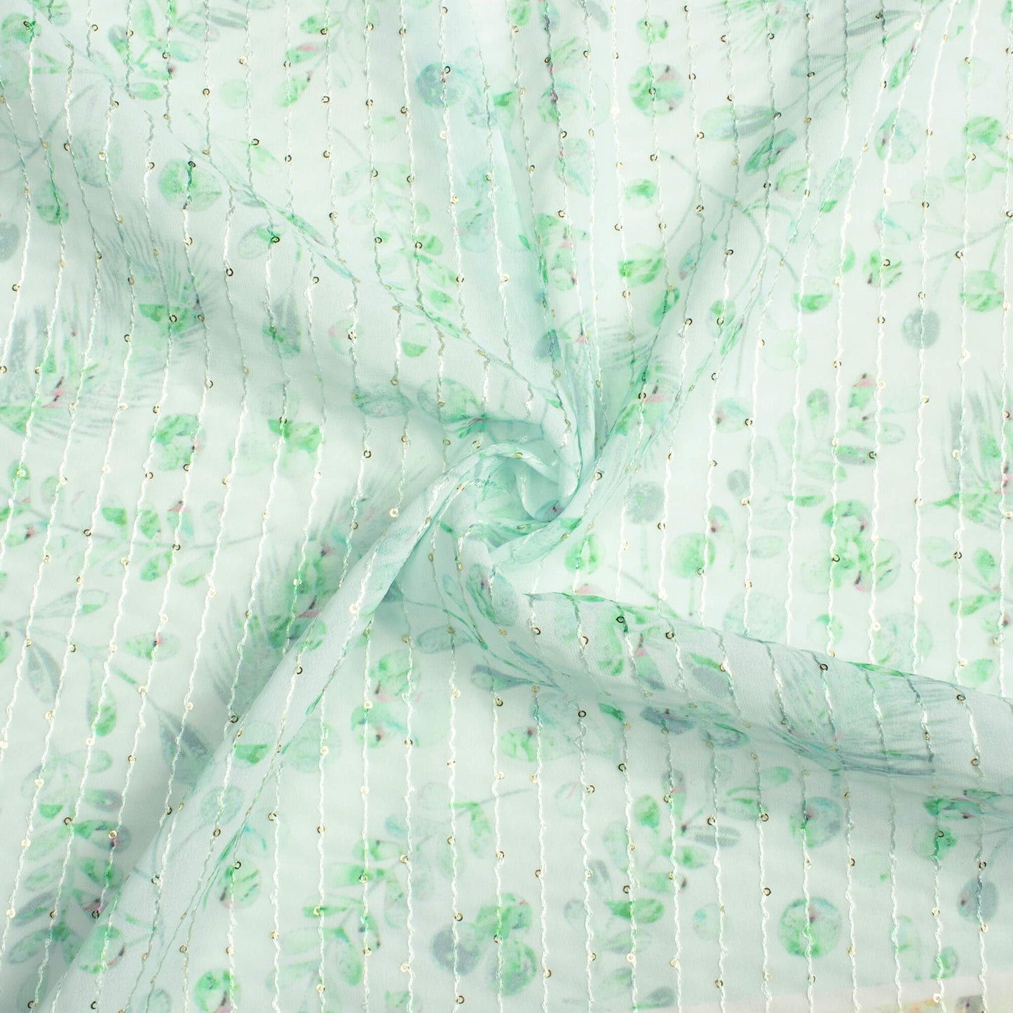 Pastel Green Leaf Pattern Digital Print Premium Sequins Georgette Fabric
