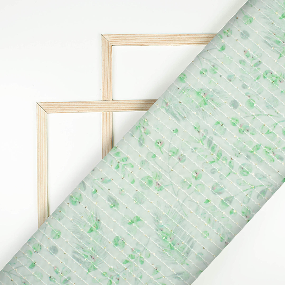 Pastel Green Leaf Pattern Digital Print Premium Sequins Georgette Fabric