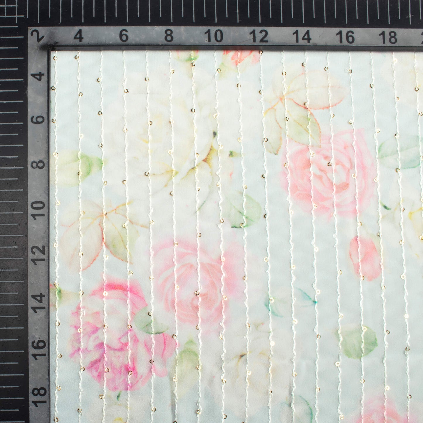 Pale Blue And Carnation Pink Floral Pattern Digital Print Premium Sequins Georgette Fabric