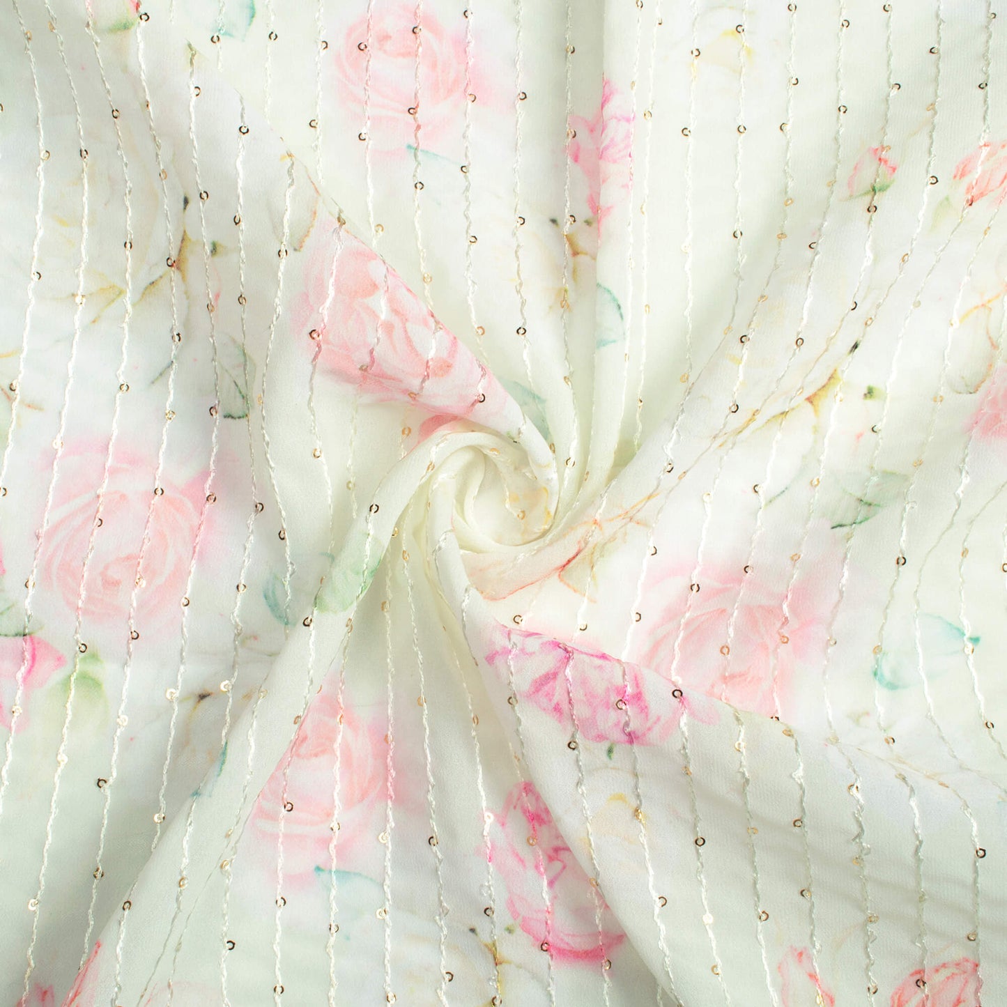 Tea Green And Carnation Pink Floral Pattern Digital Print Premium Sequins Georgette Fabric