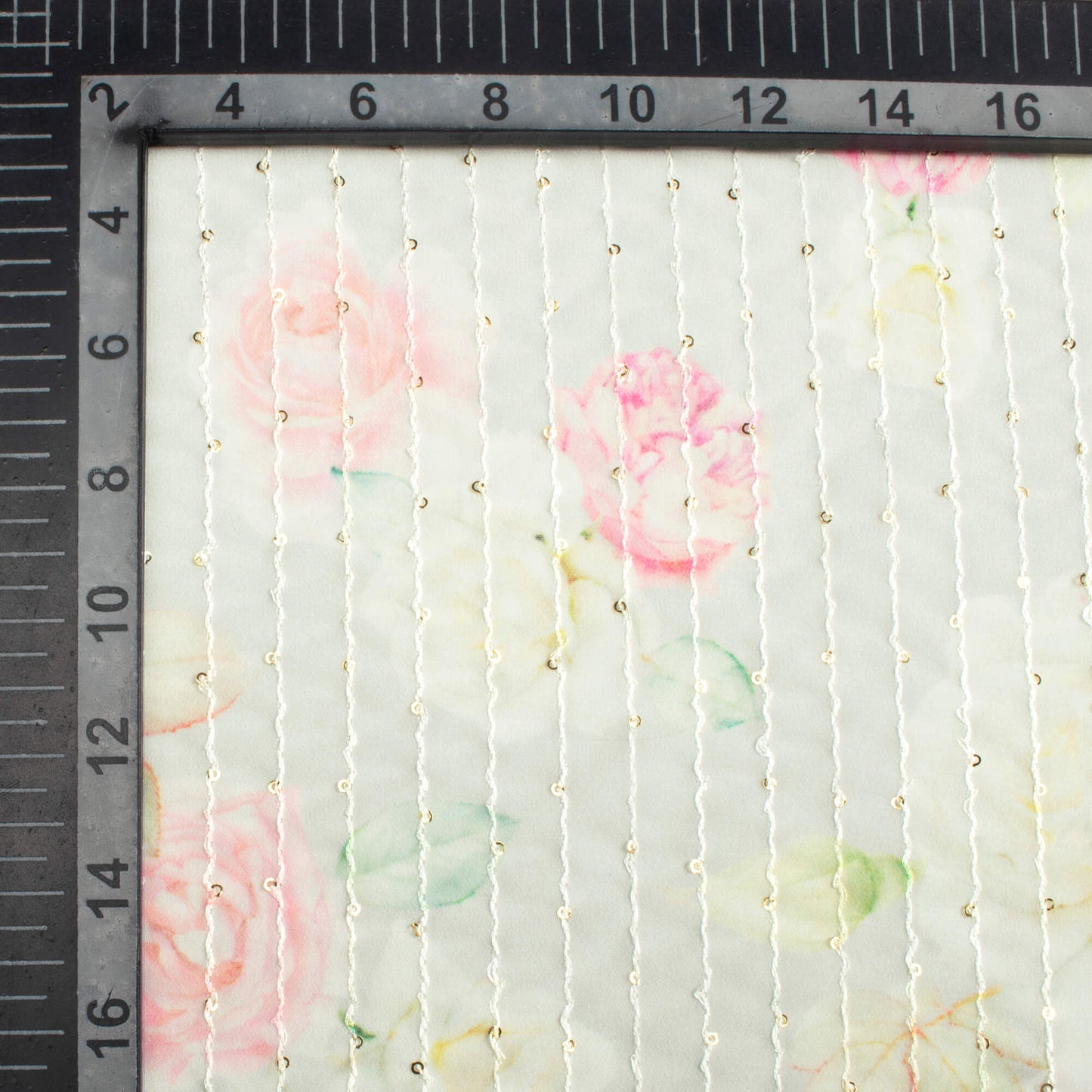Dolphin Grey And Carnation Pink Floral Pattern Digital Print Premium Sequins Georgette Fabric