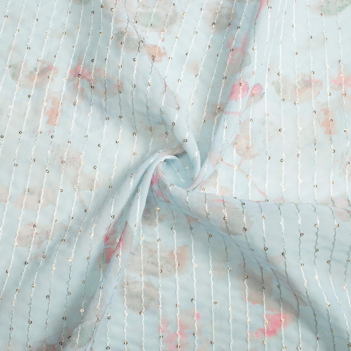 Pale Sky Blue And Pink Leaf Pattern Digital Print Premium Sequins Georgette Fabric