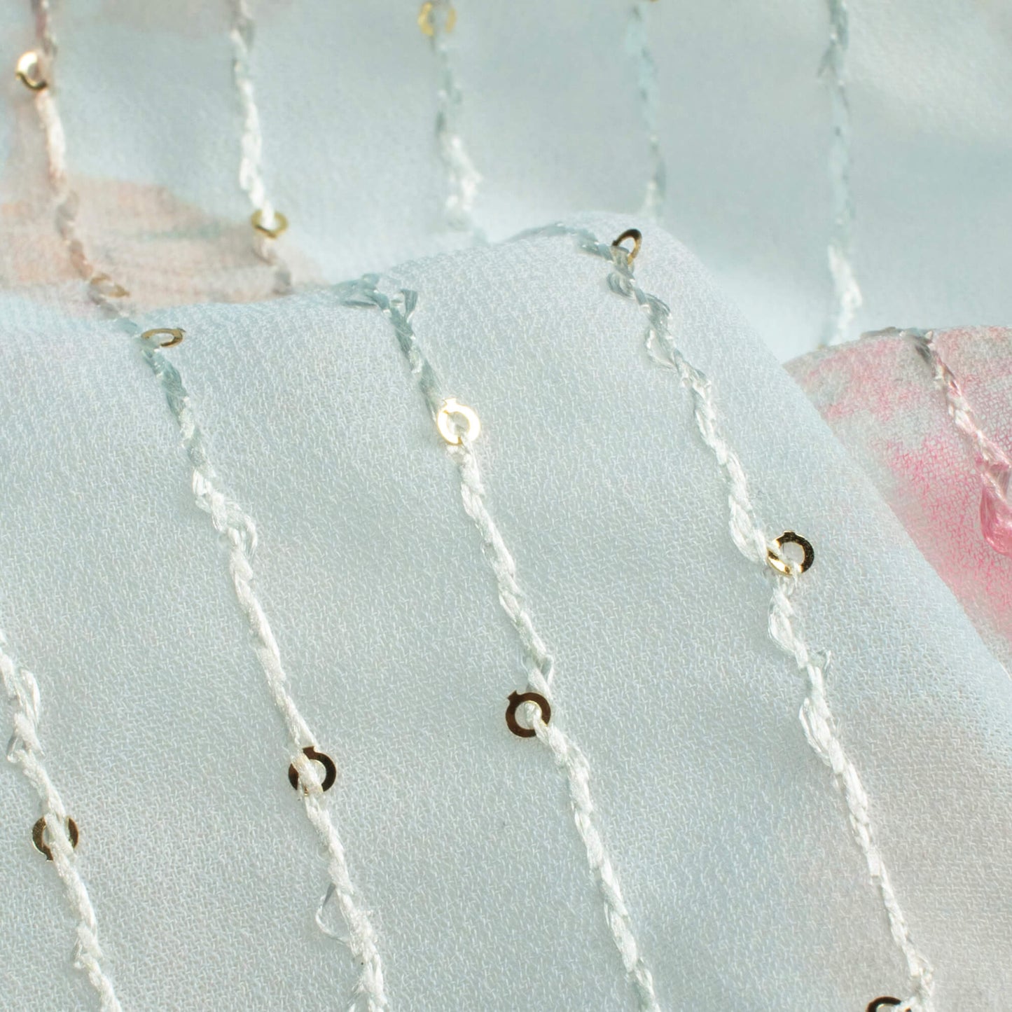 Pale Sky Blue And Pink Leaf Pattern Digital Print Premium Sequins Georgette Fabric