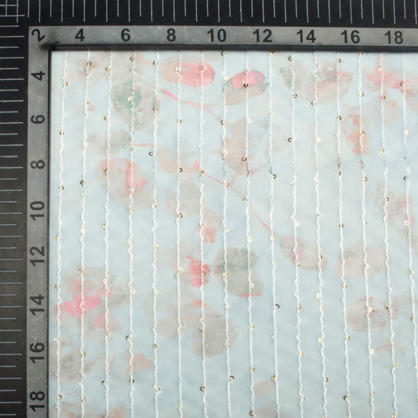 Pale Sky Blue And Pink Leaf Pattern Digital Print Premium Sequins Georgette Fabric