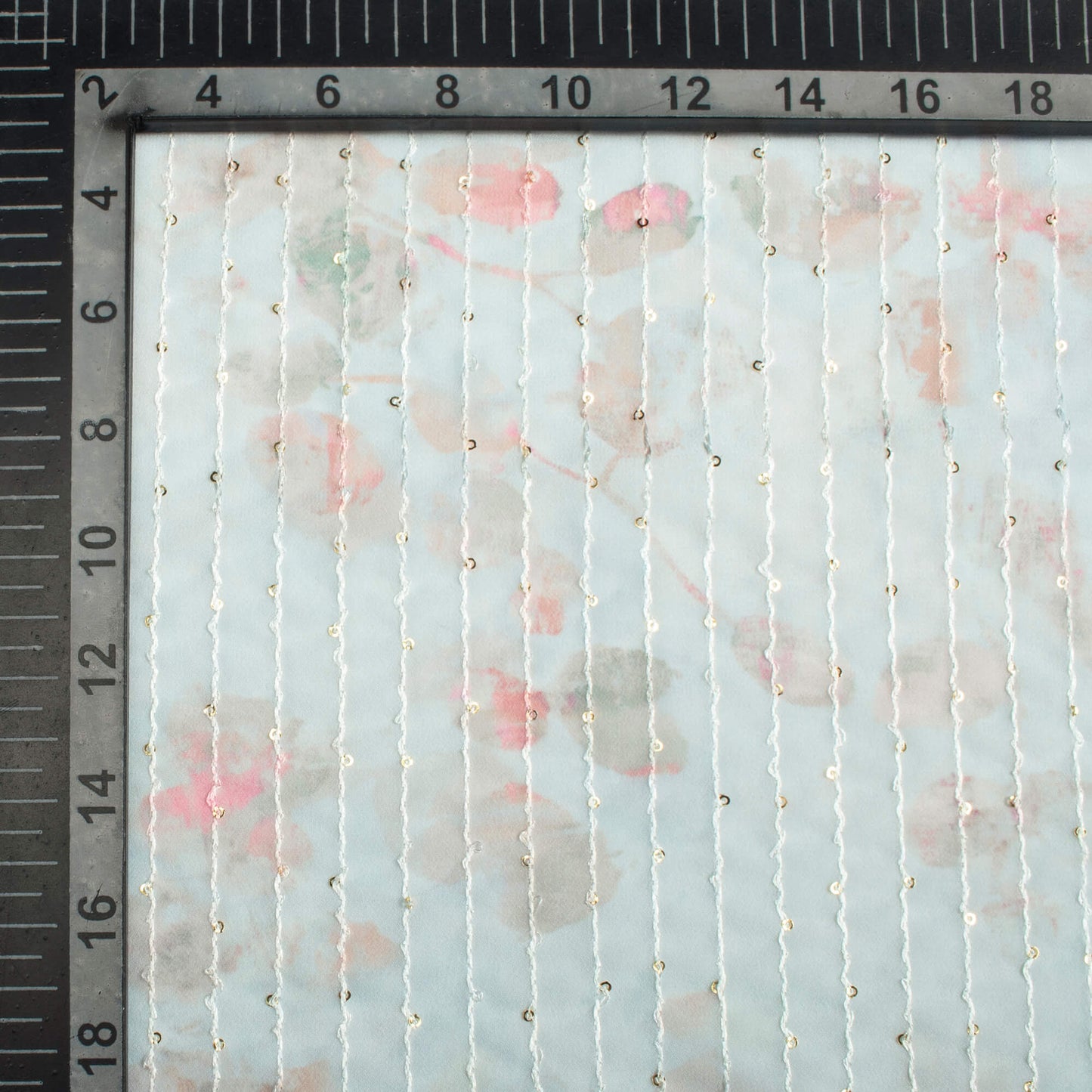 Pale Sky Blue And Pink Leaf Pattern Digital Print Premium Sequins Georgette Fabric