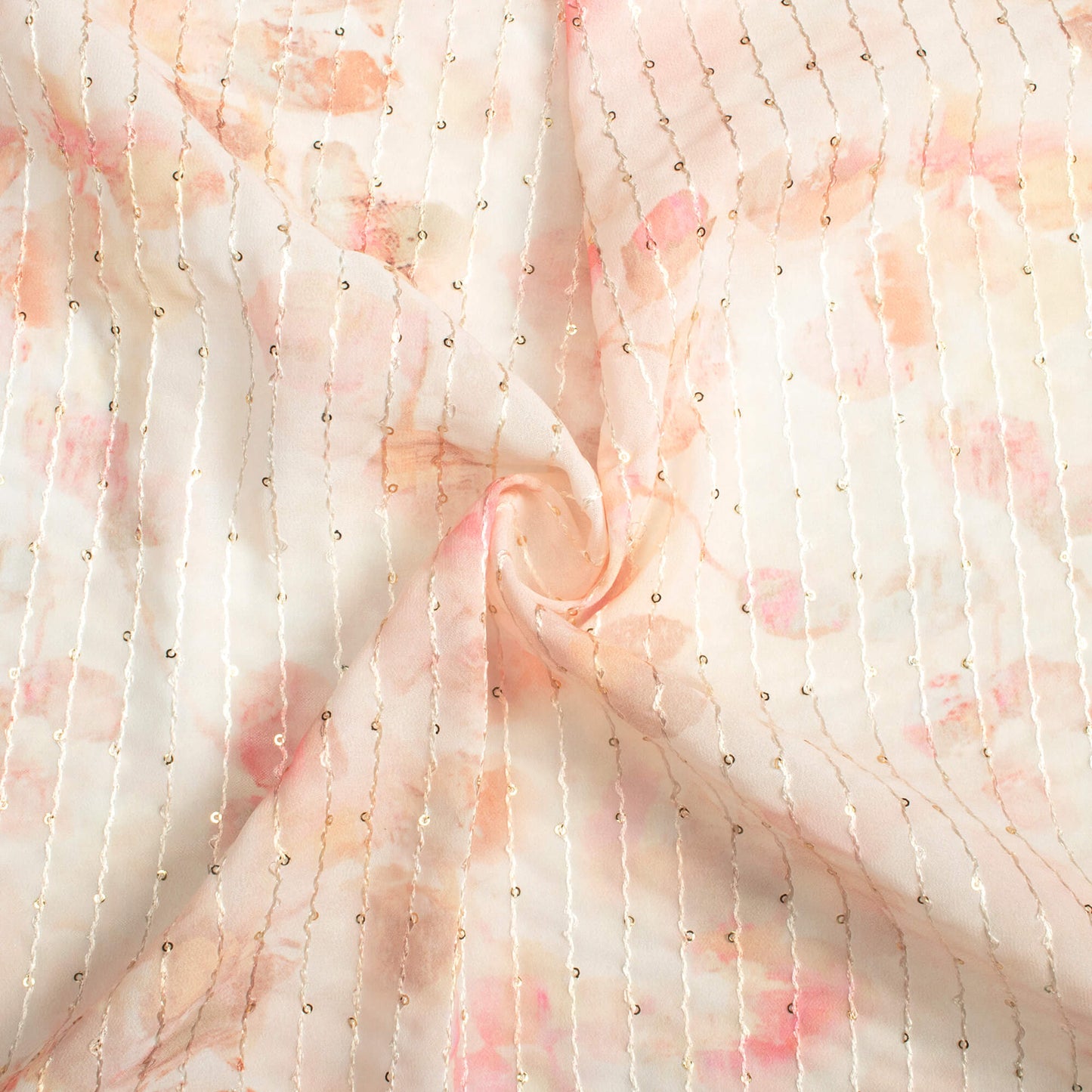 Pale Orange And Pink Leaf Pattern Digital Print Premium Sequins Georgette Fabric