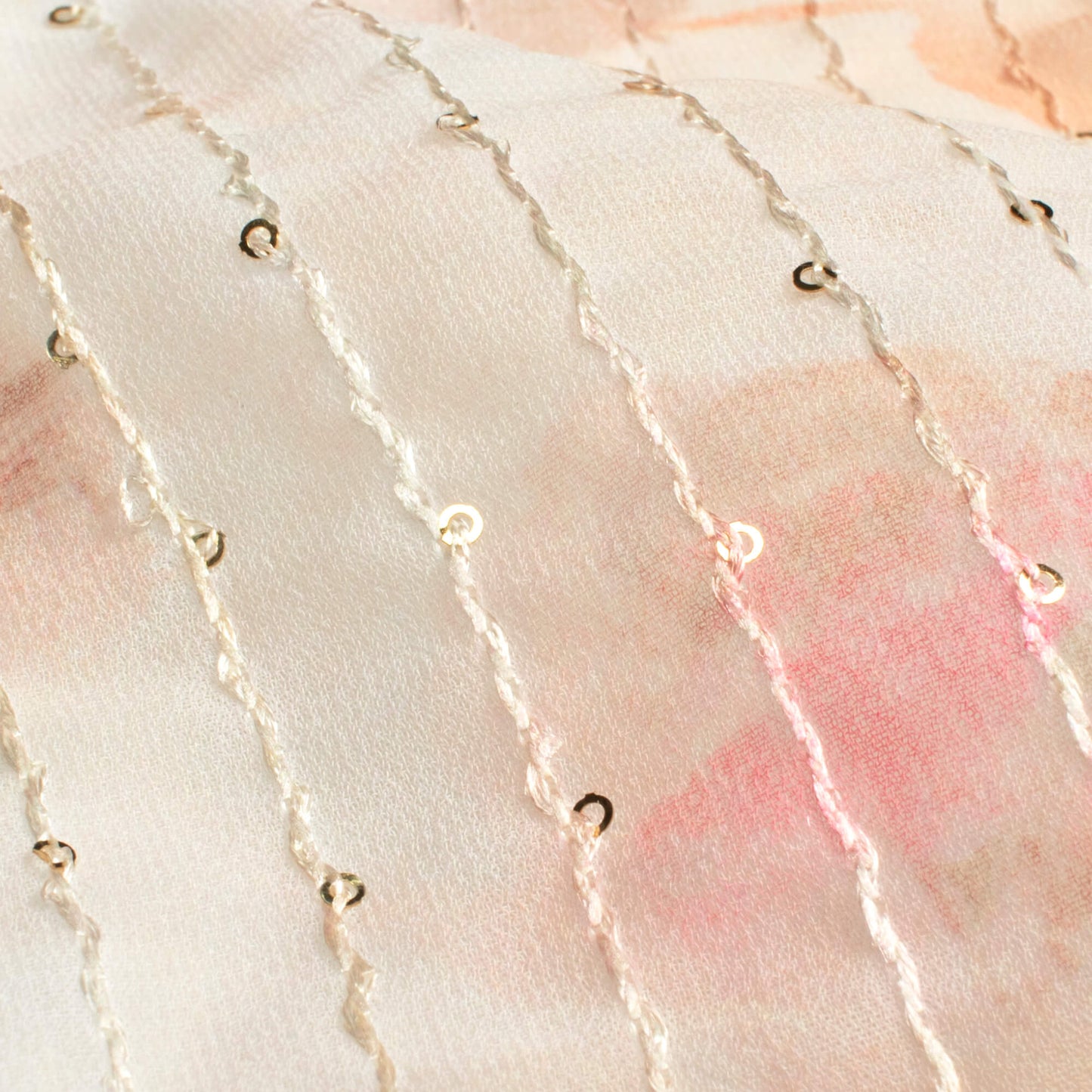 Pale Orange And Pink Leaf Pattern Digital Print Premium Sequins Georgette Fabric