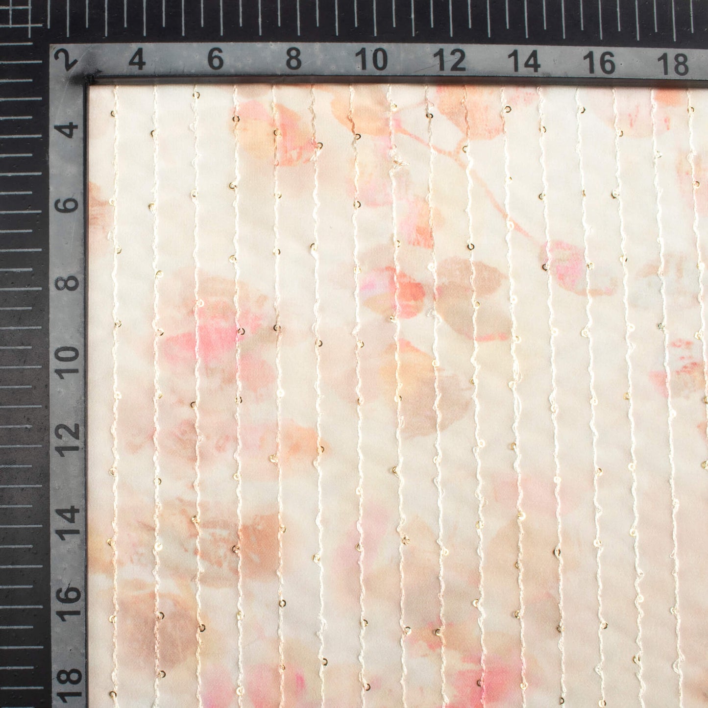 Pale Orange And Pink Leaf Pattern Digital Print Premium Sequins Georgette Fabric