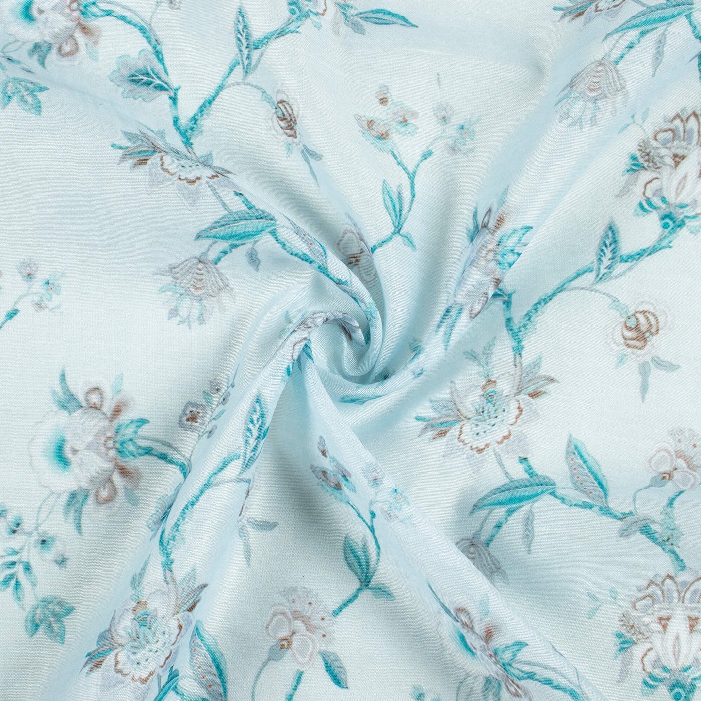 Light Blue And Dark Brown Floral Pattern Digital Print Chanderi Fabric