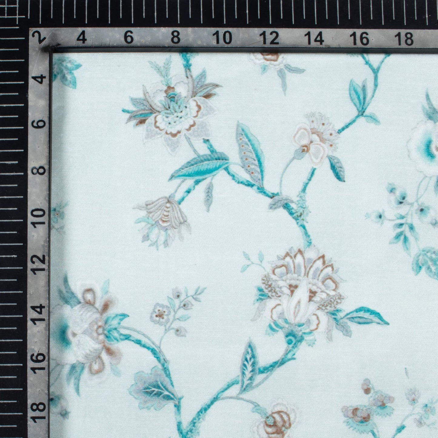 Light Blue And Dark Brown Floral Pattern Digital Print Chanderi Fabric