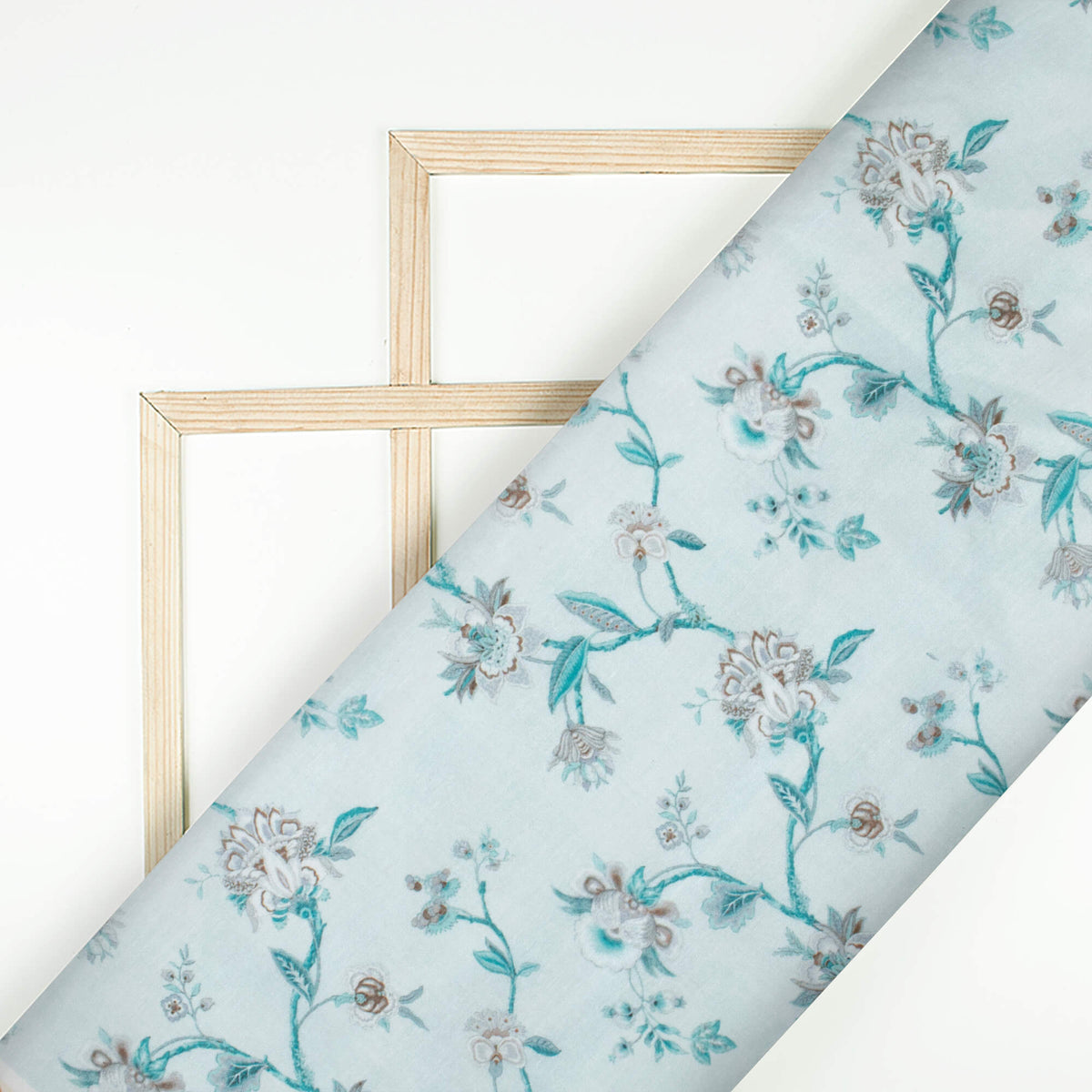 Light Blue And Dark Brown Floral Pattern Digital Print Chanderi Fabric