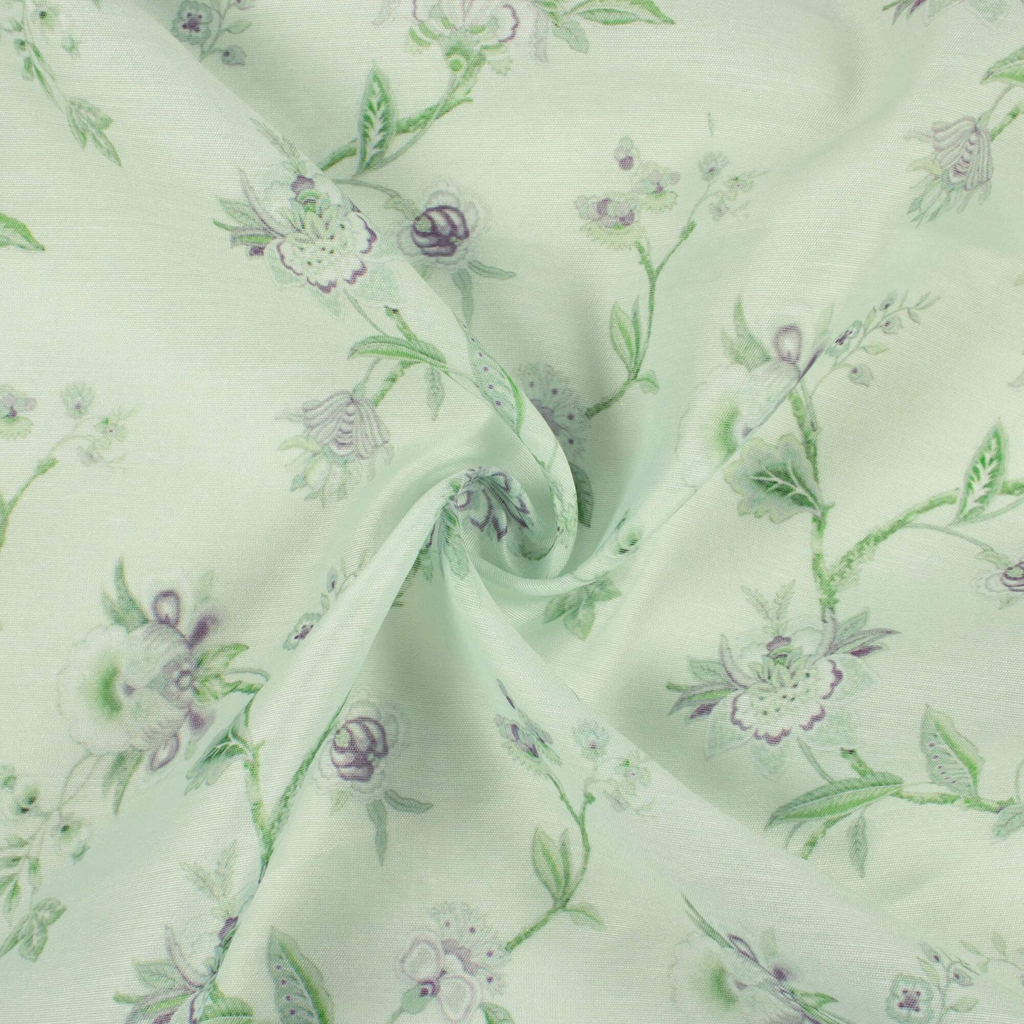 Tea Green And Eggplant Purple Floral Pattern Digital Print Chanderi Fabric