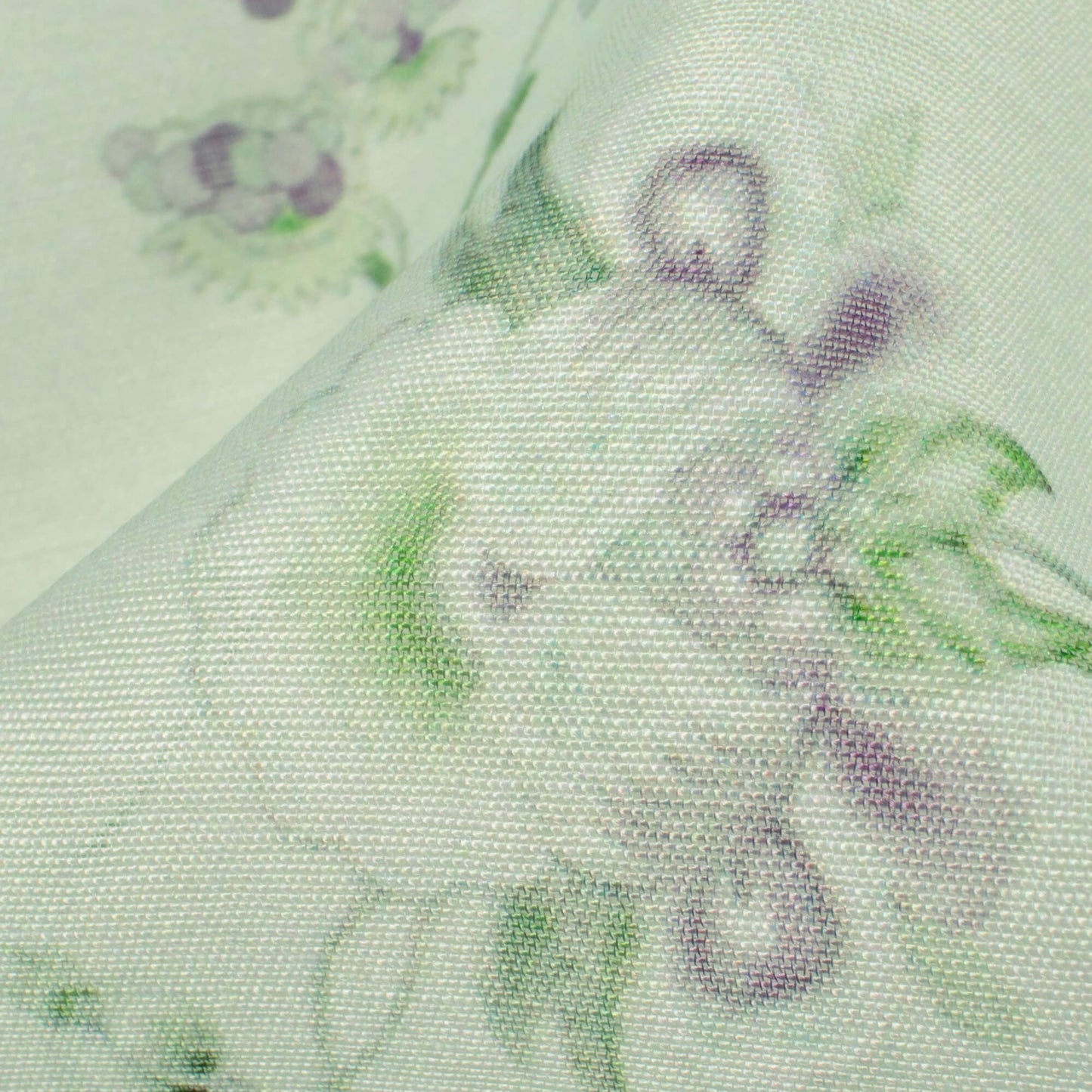 Tea Green And Eggplant Purple Floral Pattern Digital Print Chanderi Fabric