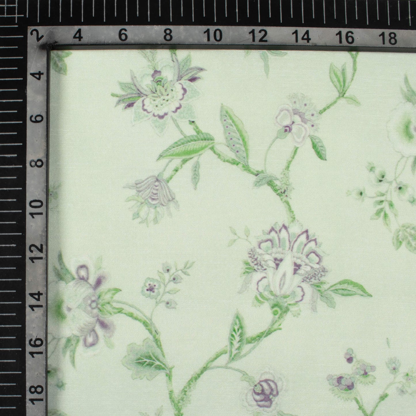 Tea Green And Eggplant Purple Floral Pattern Digital Print Chanderi Fabric