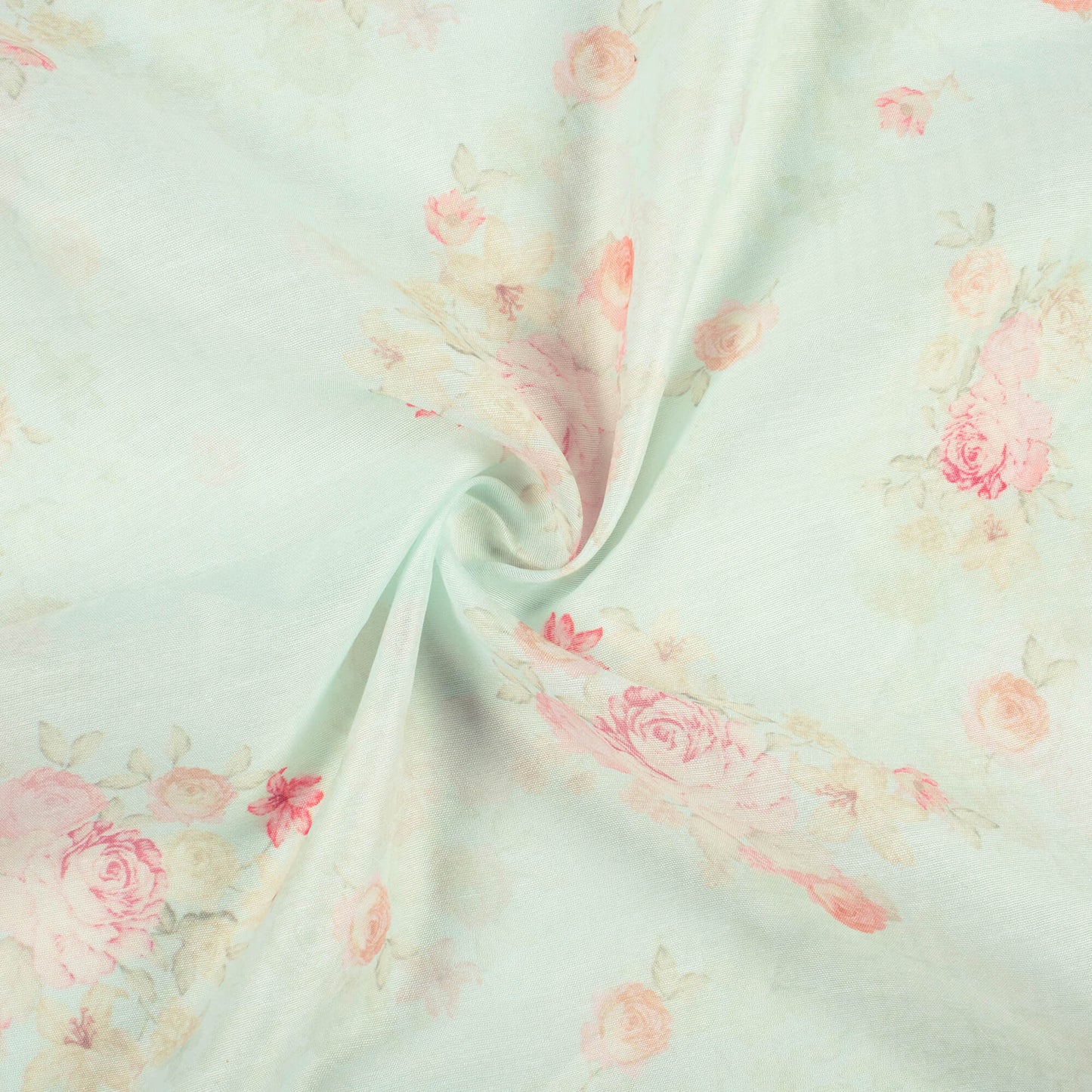 Mint Green And Pale Pink Floral Pattern Digital Print Chanderi Fabric