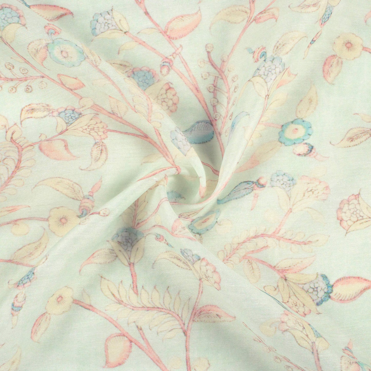 Tea Green And Pale Pink Floral Pattern Digital Print Chanderi Fabric