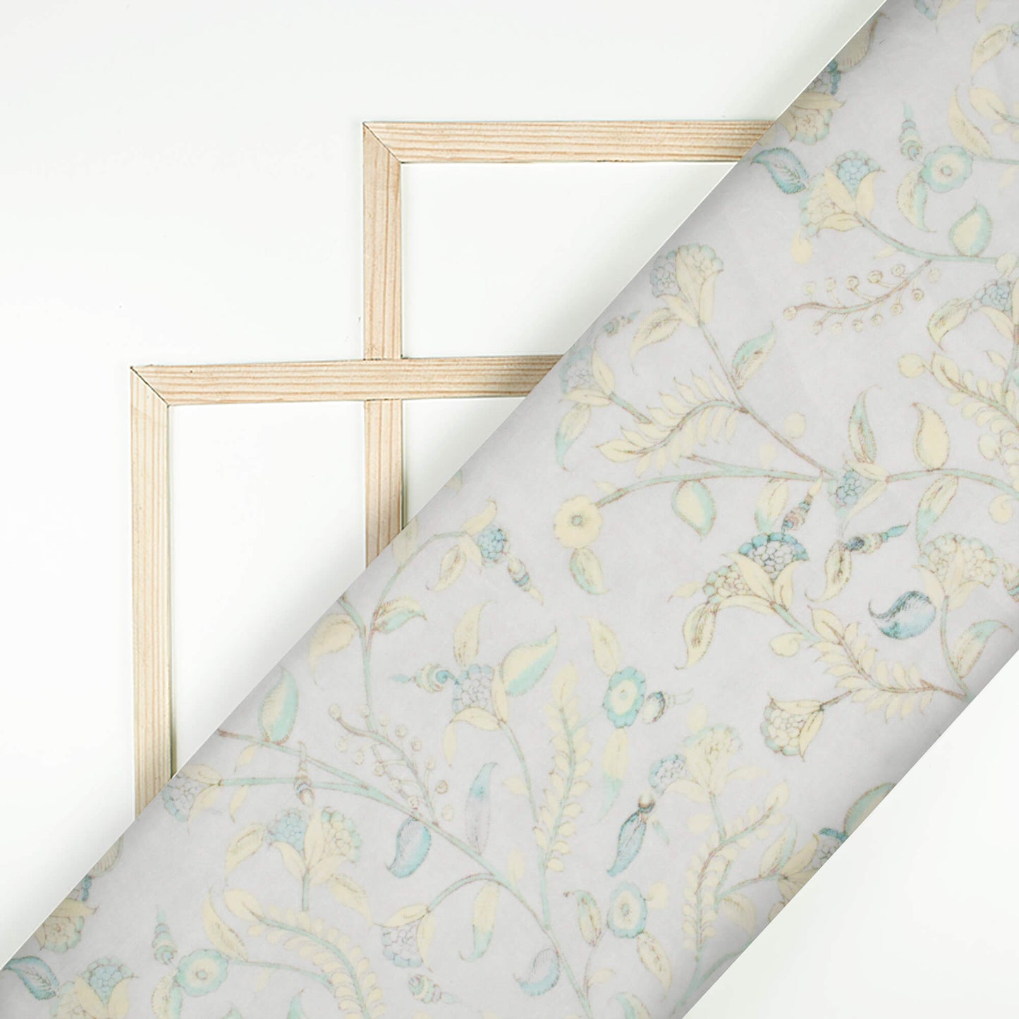 Off White and Mint Green Floral Pattern Digital Print Chanderi Fabric