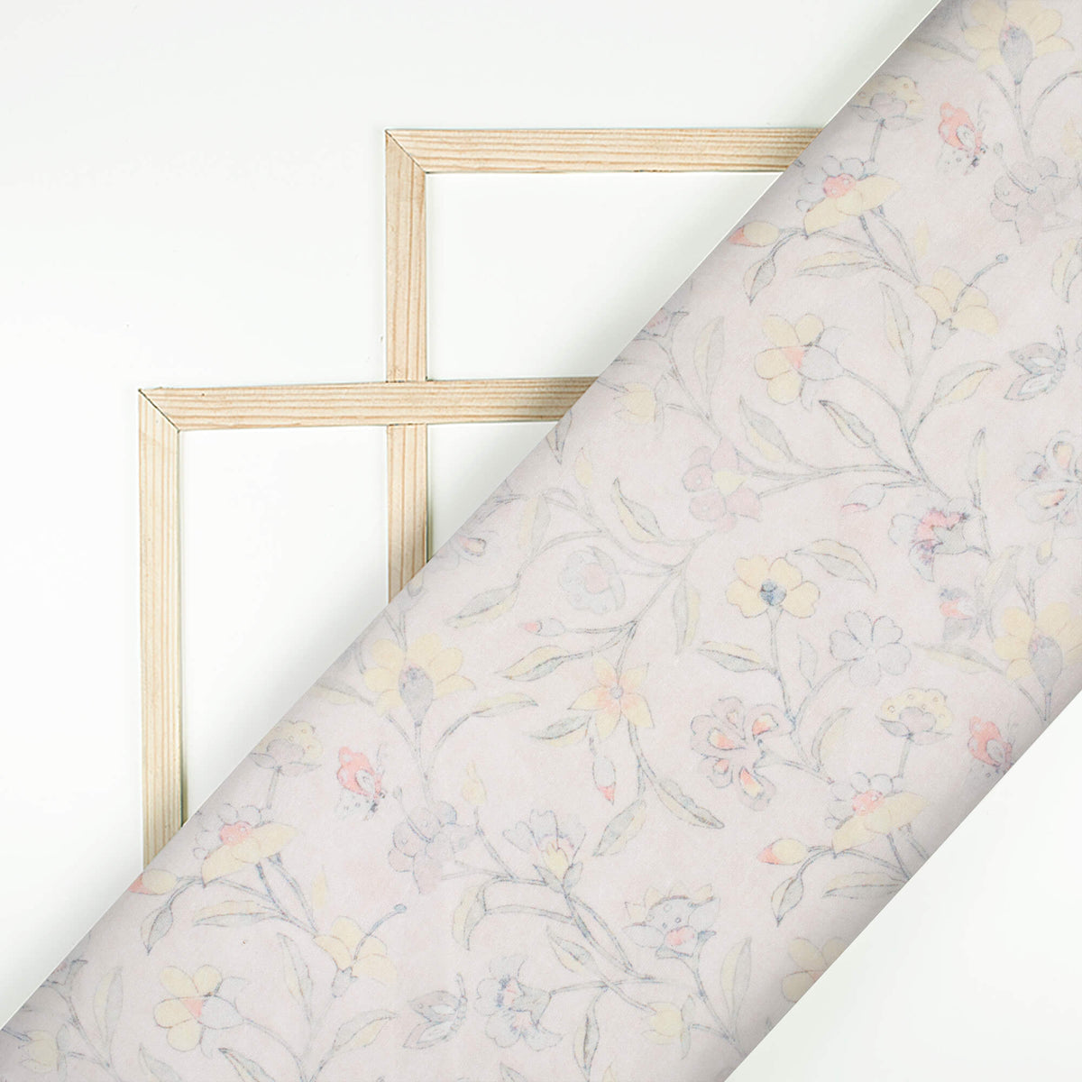 Pastel Peach And Pale Grey Floral Pattern Digital Print Chanderi Fabric