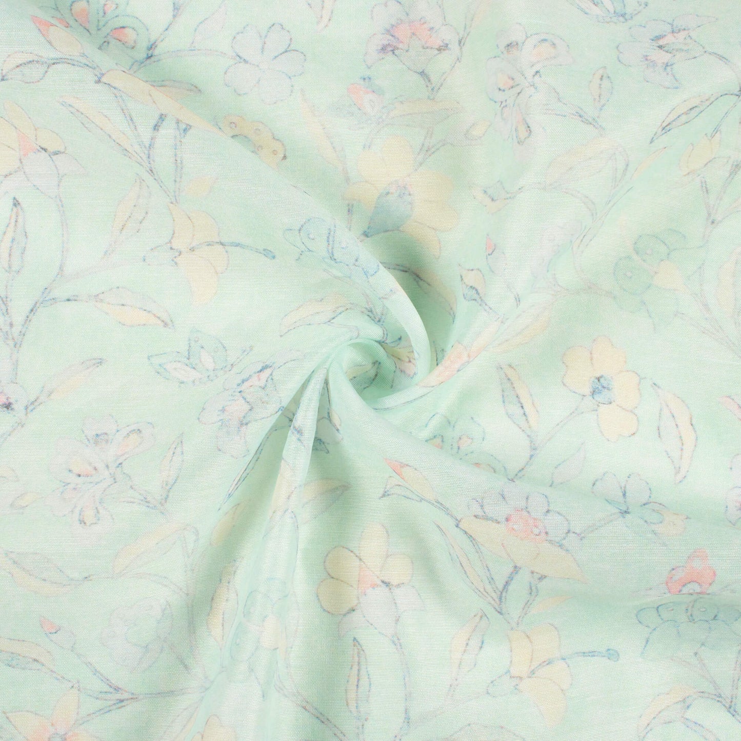Mint Green And Pastel Yellow Floral Pattern Digital Print Chanderi Fabric
