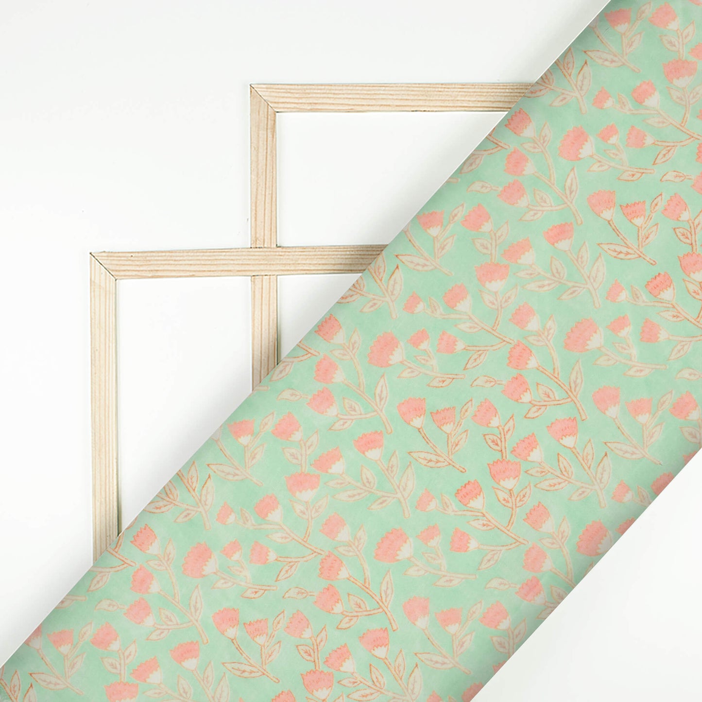 Seaform Green And Baby Pink Floral Pattern Digital Print Chanderi Fabric
