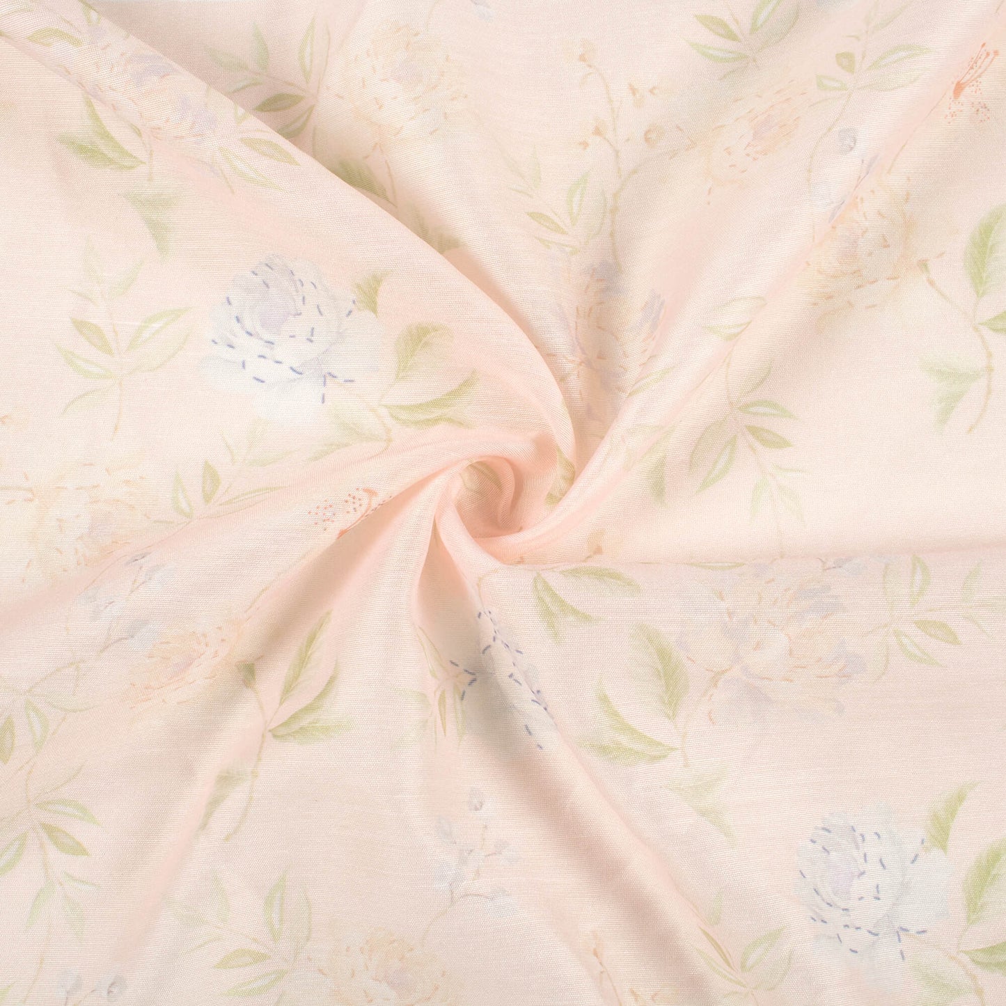 Light Peach And Russian Green Leaf Pattern Digital Print Chanderi Fabric