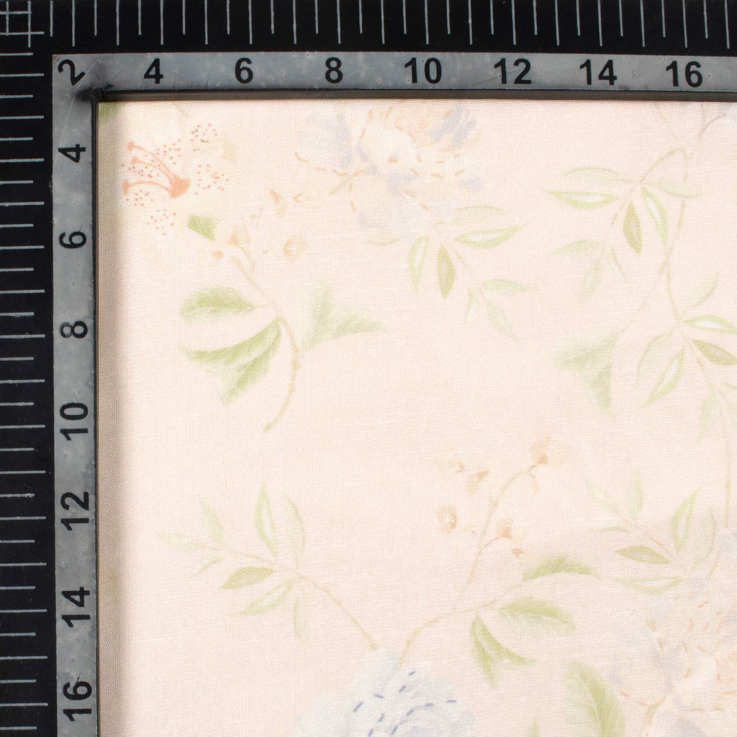 Light Peach And Russian Green Leaf Pattern Digital Print Chanderi Fabric
