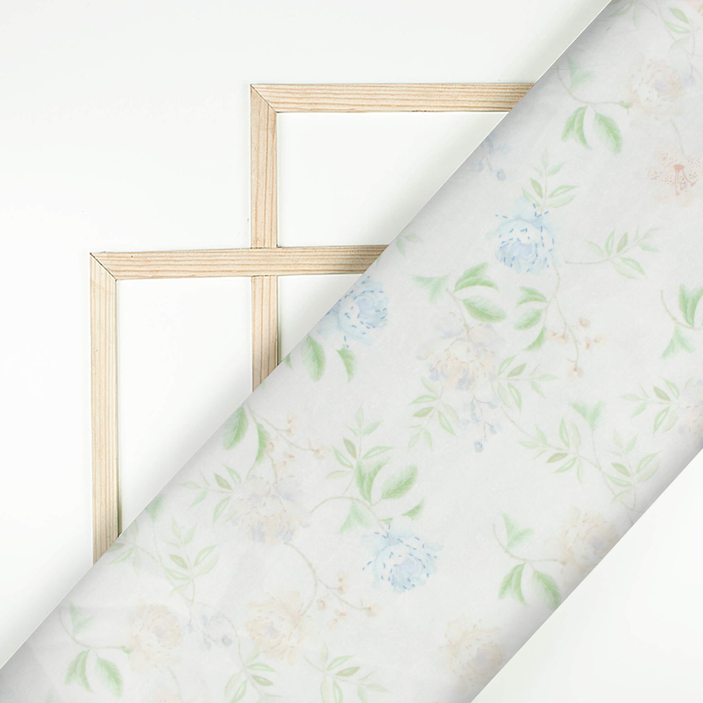 Off White And Russian Green Leaf Pattern Digital Print Chanderi Fabric