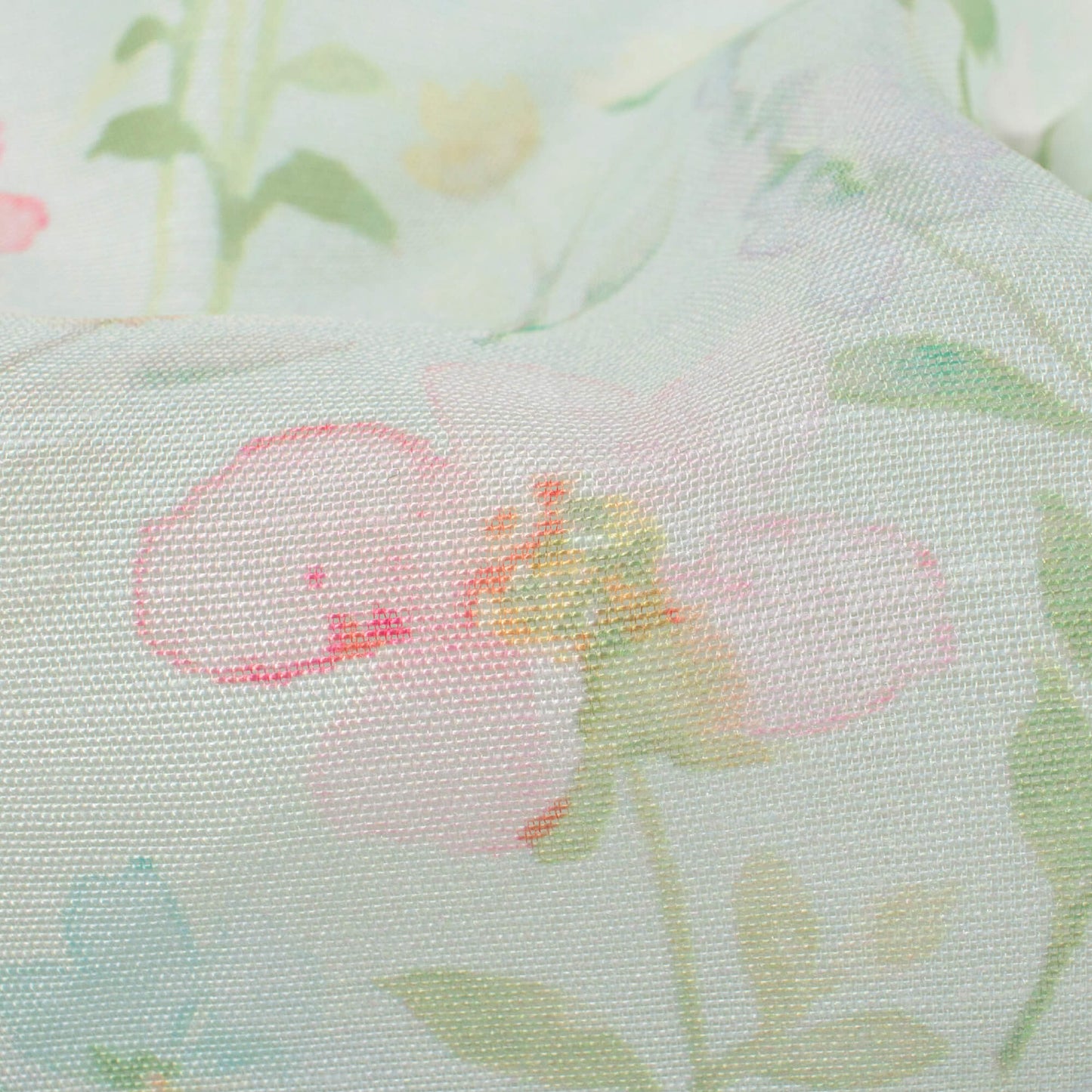 Tea Green And Flamingo Pink Floral Pattern Digital Print Chanderi Fabric